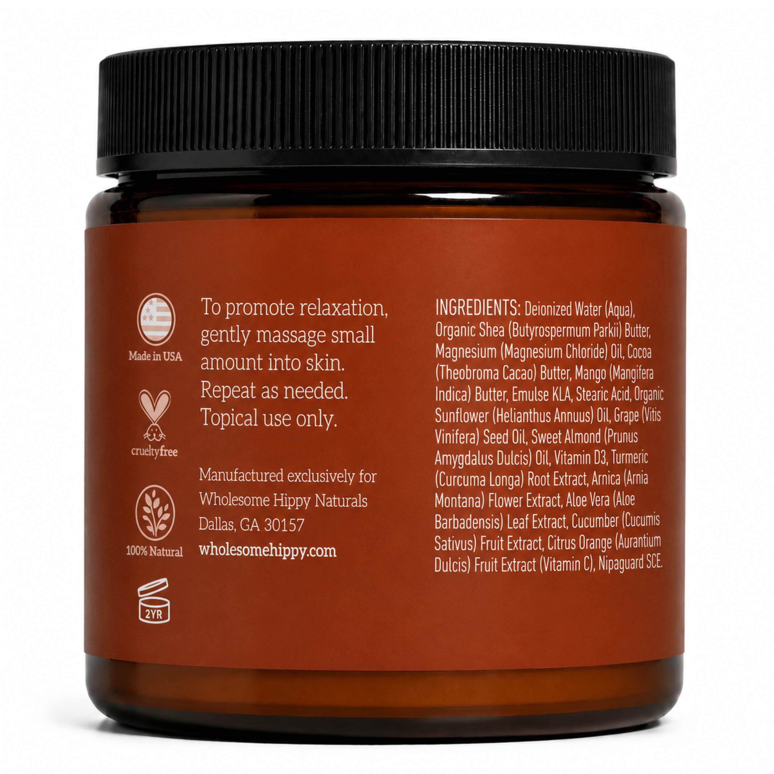 Wholesome Hippy Calm Cream – All Natural Body Butter with Magnesium, Vitamin D3, Shea, Arnica & Turmeric – Vegan Moisturizer for Sensitive Skin & Self-Care – 4oz