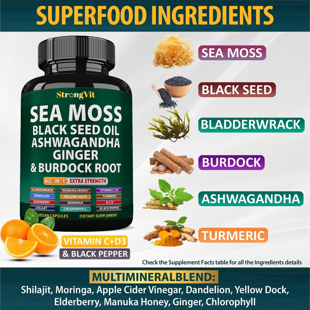 Sea Moss Black Seed Oil Ashwagandha Ginger, Organic Sea Moss Capsules with Burdock Root, Irish Seamoss Pills with Bladderwrack, Turmeric, Shilajit, Multimineral Supplement, USA (120 Capsules)