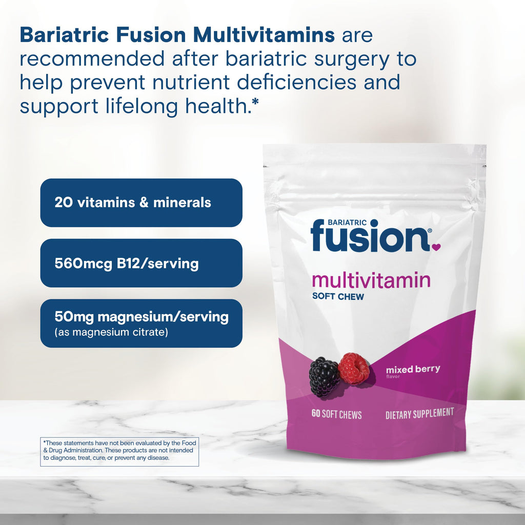 Bariatric Fusion Bariatric Multivitamin Soft Chew | Mixed Berry Fruit Flavor Chewy | Sugar Free Chewable Multivitamin Post Bariatric Surgery | Gastric Bypass and Sleeve | 60 Count | 1 Month Supply