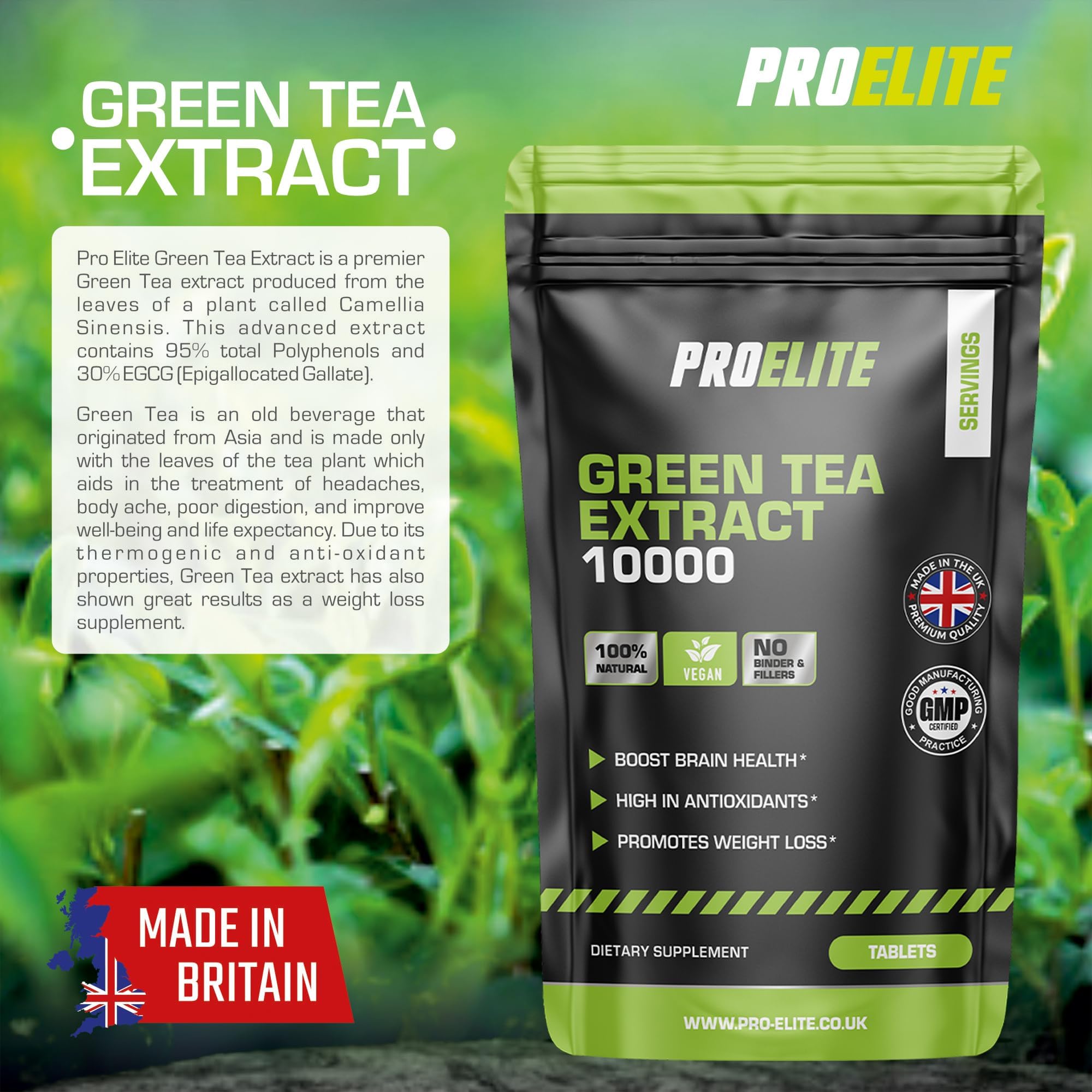 Green Tea Extract 10,000mg of Antioxidant 60 Tablet | 95% Polyphenols (297mg per Tablet) | (2 Months Supply) | Resealable and Recyclable Pouch | Vegan & Vegetarian | by PROELITE