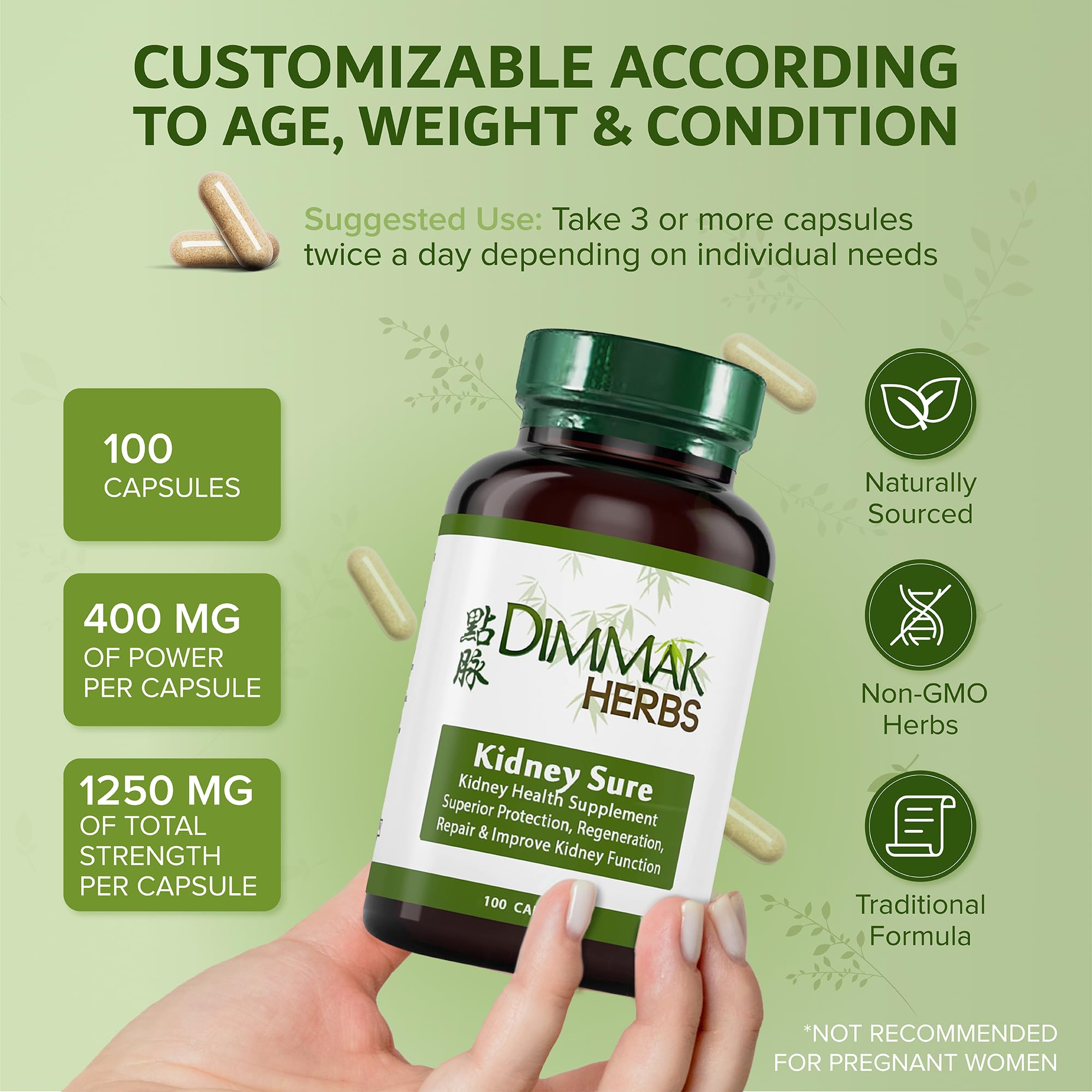 Dimmak Herbs Kidney Sure- Kidney Cleanse & Revitilization Tonic- Organic Herbal Support for Renal Health, Urinary Tract Flow & Vitality- TCM Doctor Formulated, Vegan- 400mg 100 Capsules