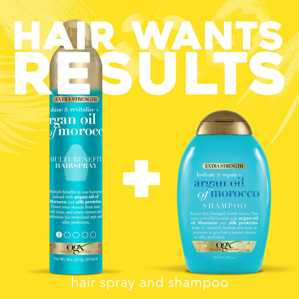 OGX Revitalize + Argan Shine Extra Strength Multi-Benefit Heat Protection Hairspray with Argan Oil & Silk Proteins, Tame Frizz & Non-Greasy Shine, Morocco, 8 Ounce