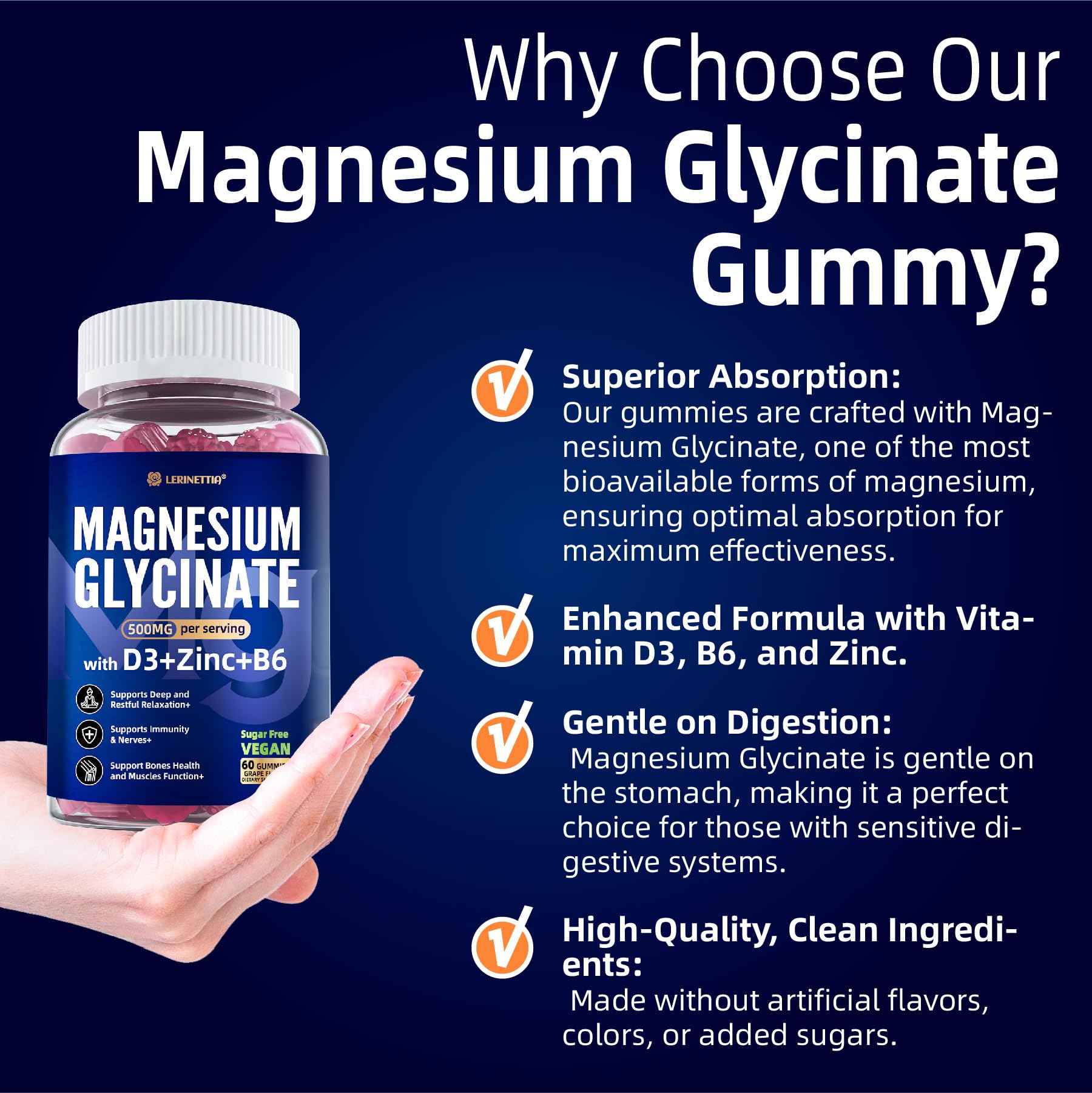 Magnesium Glycinate 500mg/250mg for Adults Teens - Plus D3,B6 & Zinc - Magnesium Glycinate Gummies,High Absorption - Support for Relaxation,Brain,Bone & Immunity Health - Sugar Free - 120Cts