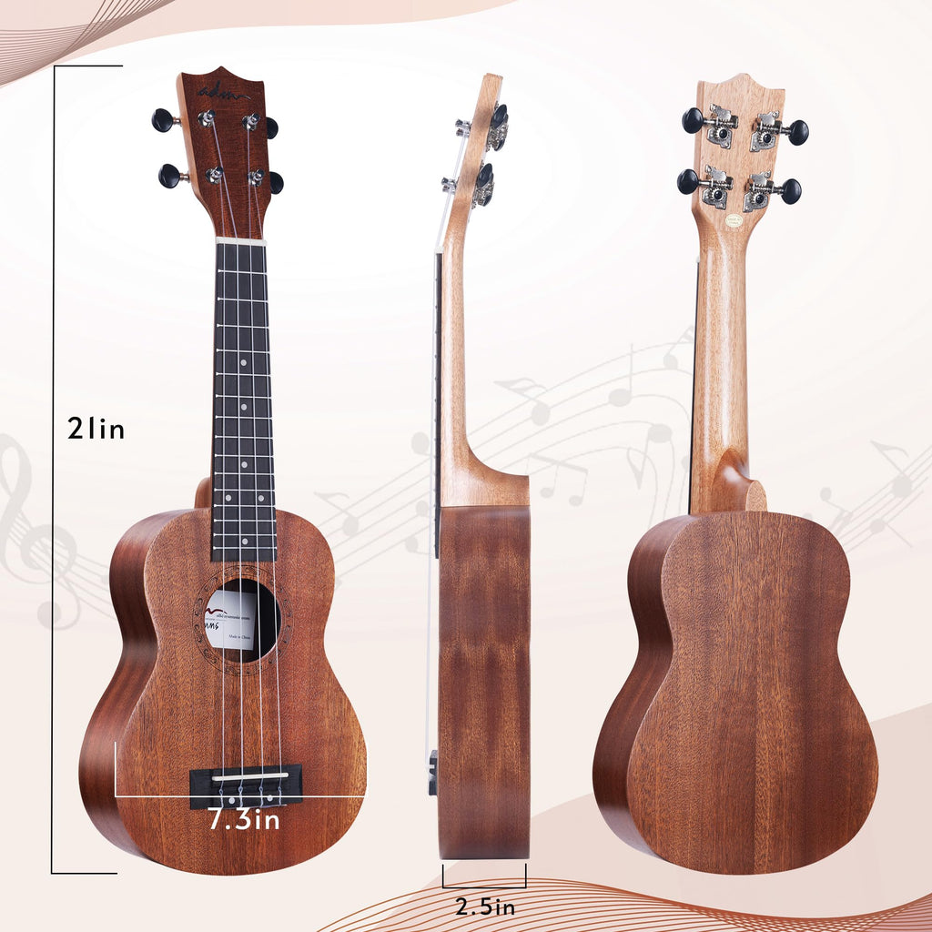 ADM Ukulele Beginner Kit Mahogany Hawaiian Wood Ukelele Bundle Ukalalee Set with Uke Free Starter Lessons for kids Students and Adults, Yellow Brown (Khaki, 21 inch)