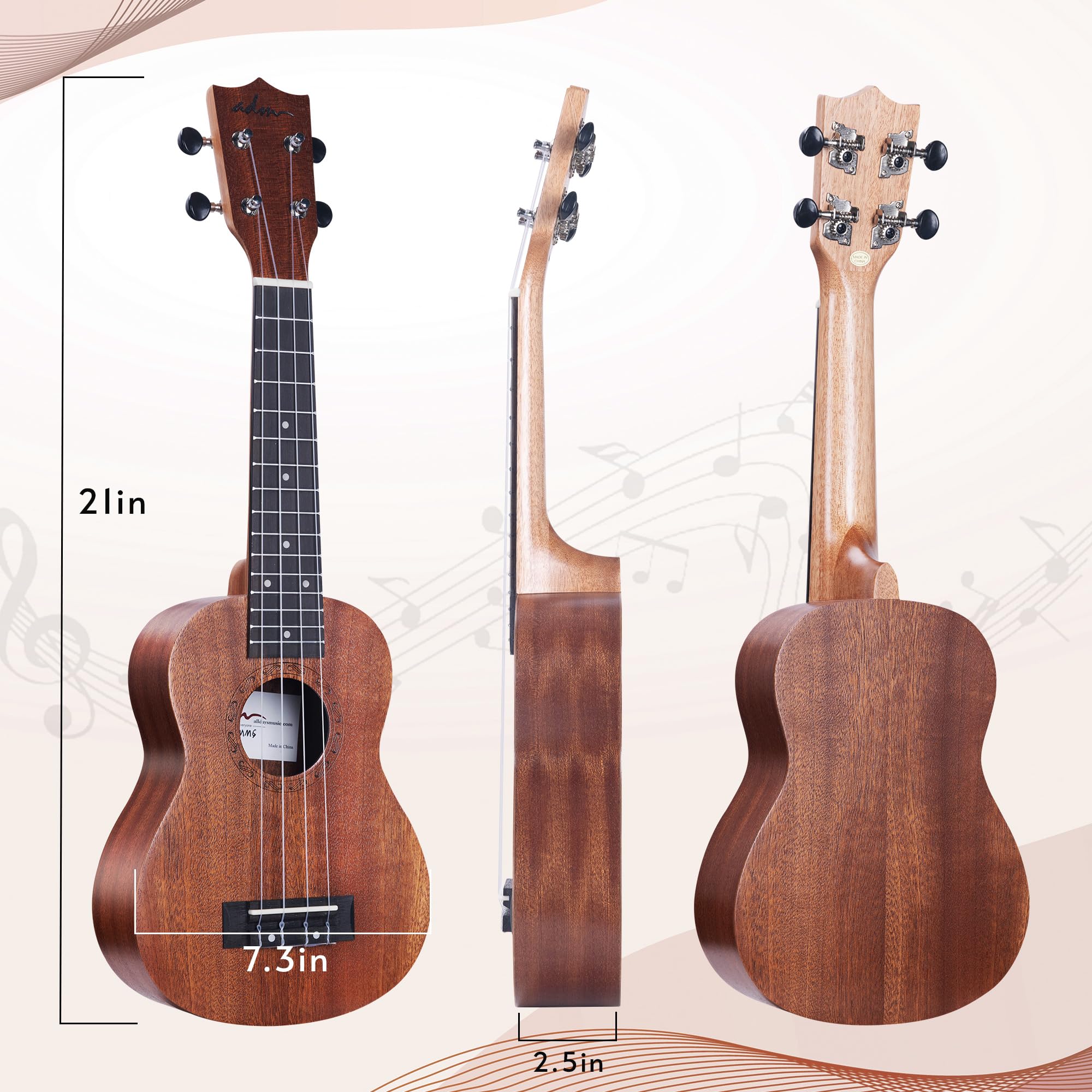 ADM Ukulele Beginner Kit Mahogany Hawaiian Wood Ukelele Bundle Ukalalee Set with Uke Free Starter Lessons for kids Students and Adults, Yellow Brown (Khaki, 21 inch)