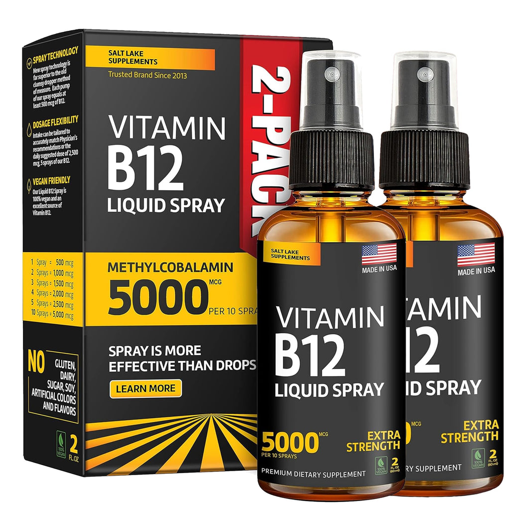 (2 Pack) - Liquid B12 Spray 5000 mcg - Vitamin B12 Sublingual - Vegan B12 Vitamin Spray - Methylcobalamin Vitamin B12 Liquid Boosts Energy & Mood - Gluten-Free & Non-GMO (5000 mcg in 10 Sprays)