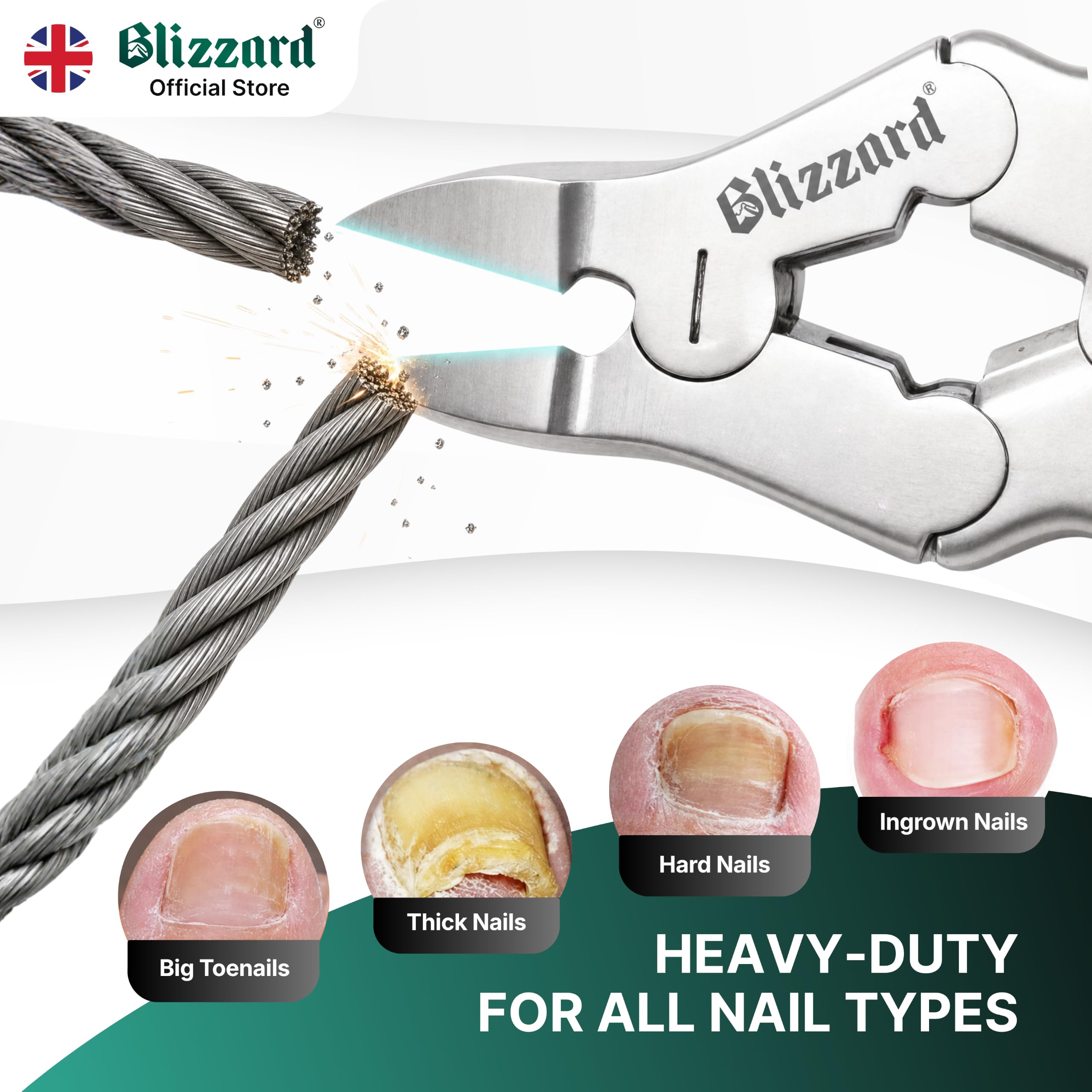 Blizzard Toe Nail Clippers for Thick Nails - Podiatrist Nail Nippers for Seniors - Heavy Duty Cantilever Toenail Clippers for Men - German Steel Podiatry Tool with Toenail File - 15cm Double Spring