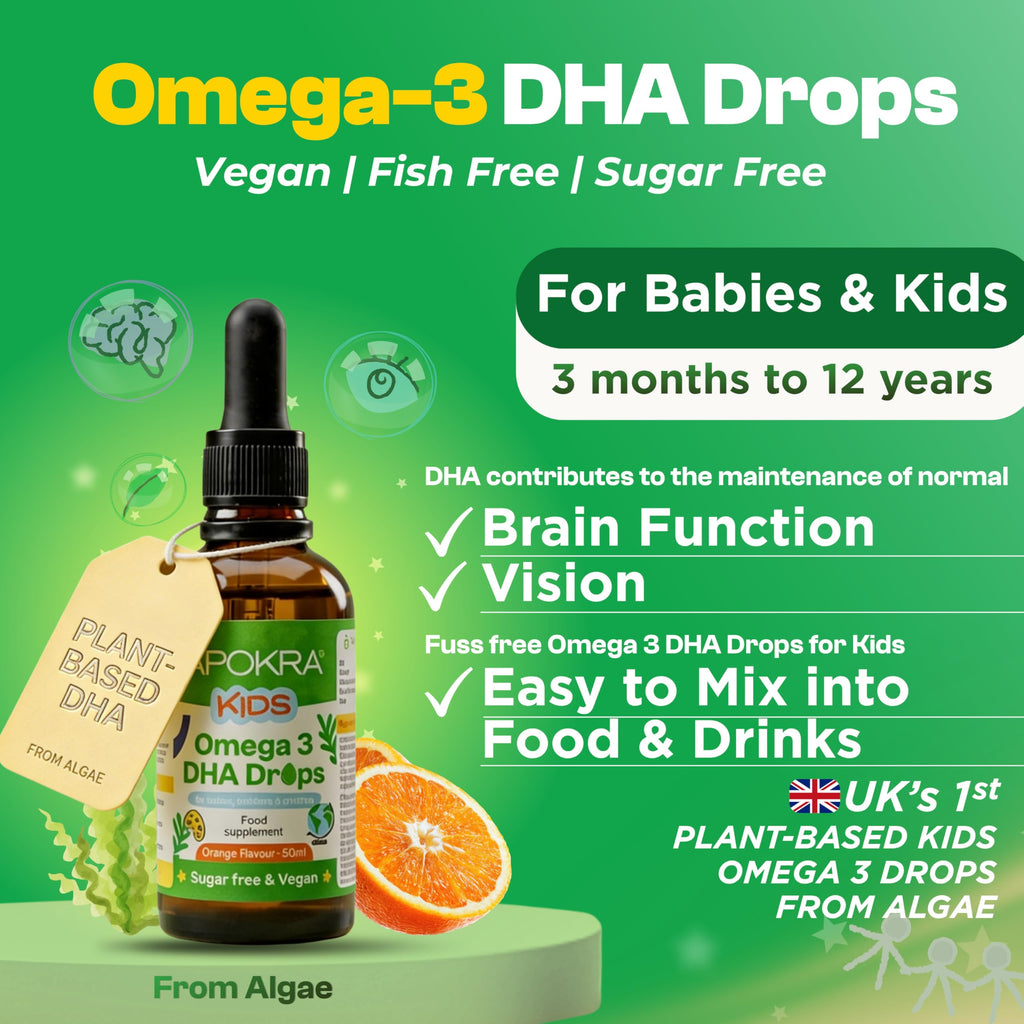Vegan Omega 3 from DHA for Kids - 50mL - Fish Flavor Free - No Preservatives & Sugar Free - Sustainable Algae Alternative to Fish Oil | APOKRA Kids