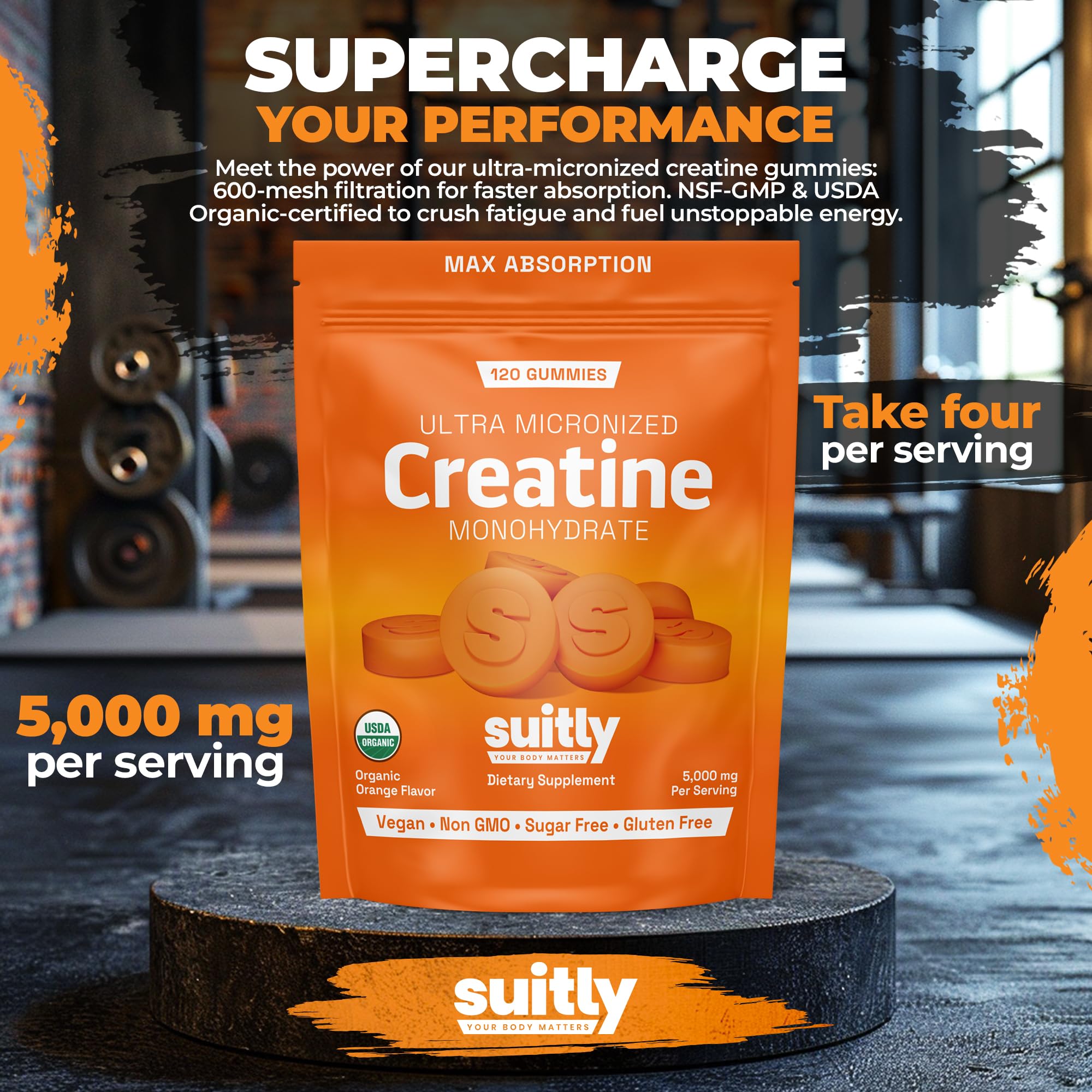 Suitly Creatine Gummies | 5g Ultra-Micronized Creatine Monohydrate | Made with Certified Organic Ingredients | Vegan, Sugar Free, Non GMO & Gluten Free | 120 Gummies | Organic Orange Flavor