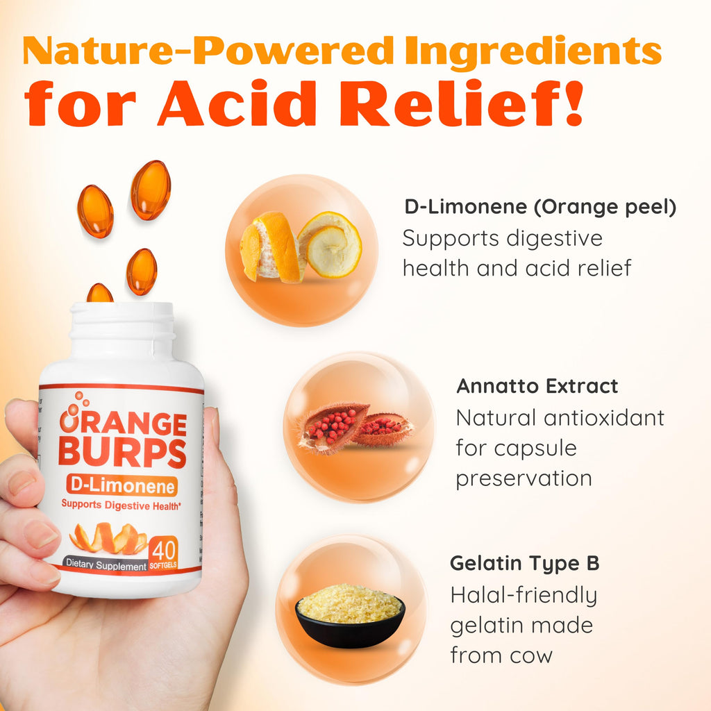 Orange Burps | D-Limonene Supplement - Acid Reducer (Antacid for Acid Reflux), Heartburn Relief, GERD Relief, and Indigestion Relief | Orange Peel Extract for Health and Wellness (1,000 mg, Pack of 2)