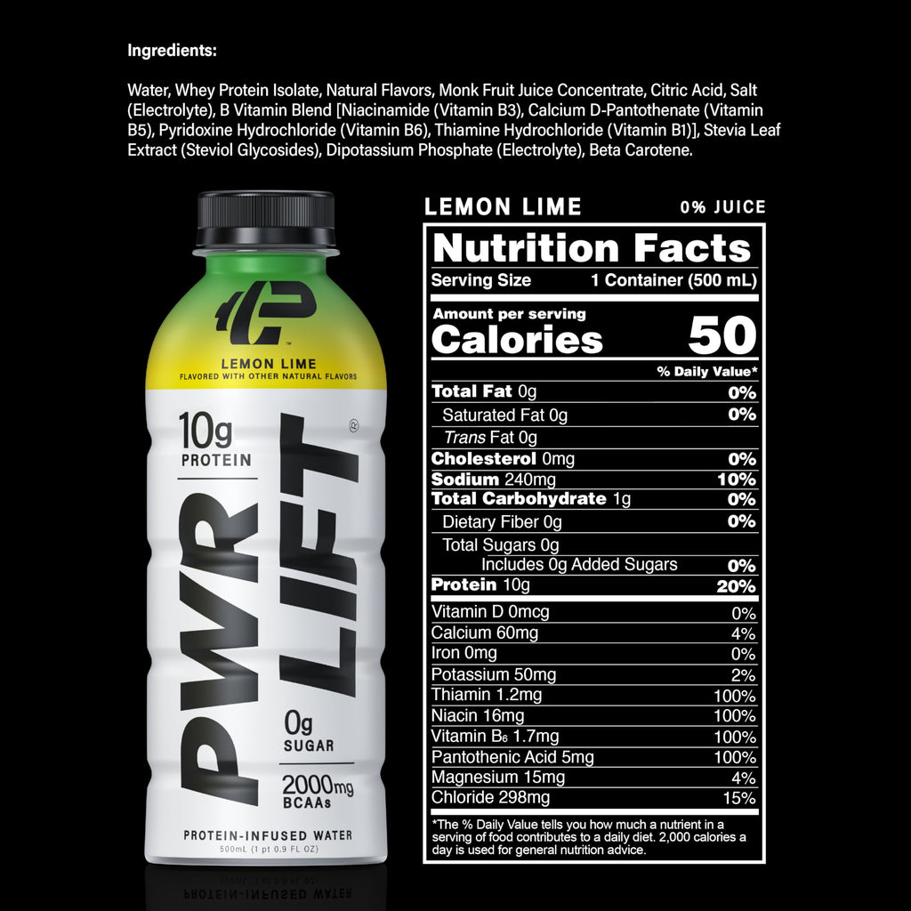 Whey Protein Water Sports Drink by PWR LIFT | Lemon Lime | Keto, Vitamin B, Electrolytes, Zero Sugar | Post-Workout Energy Beverage | 16.9 Fl Oz (Pack of 12)