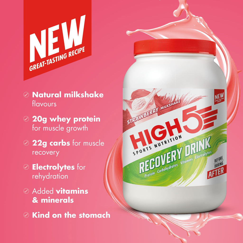 HIGH5 Recovery Drink - Carbohydrate and Whey Protein Powder (20g) for Muscle Recovery with Electrolytes Powder - Fast-Absorbing Post Workout Shake (Strawberry Milkshake, 450g - 9 Servings)
