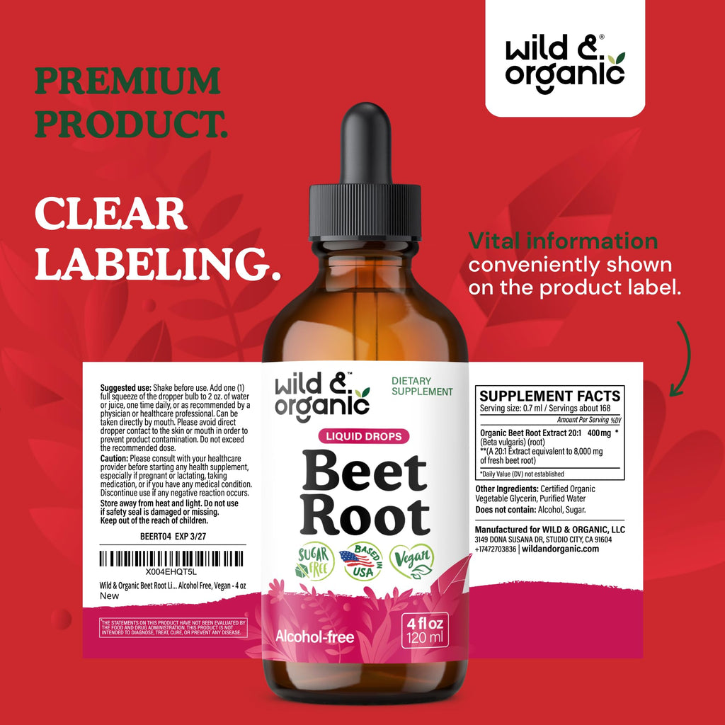 Wild & Organic Beet Root Extract Drops - Energy Support - Liquid Red Beets Supplements - 400 mg per Serving - Mix with Powder - Vegan, Sugar & Alcohol - 4 fl oz