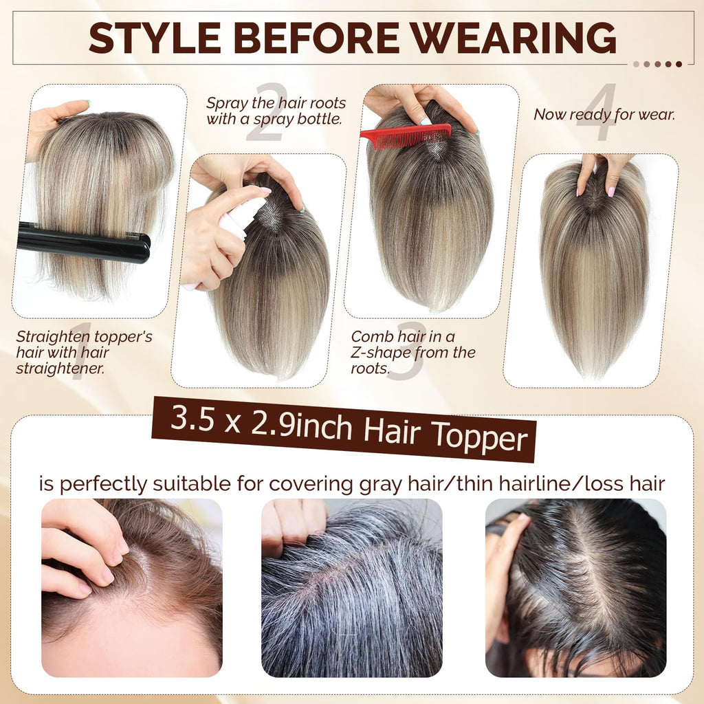 UIPEUBO Hair Toppers for Women Real Human Hair Toppers with Thinning Hairpieces for Women with Bangs 10 Inch Human Hair Topper for Cover Gray Roots (2T613#)