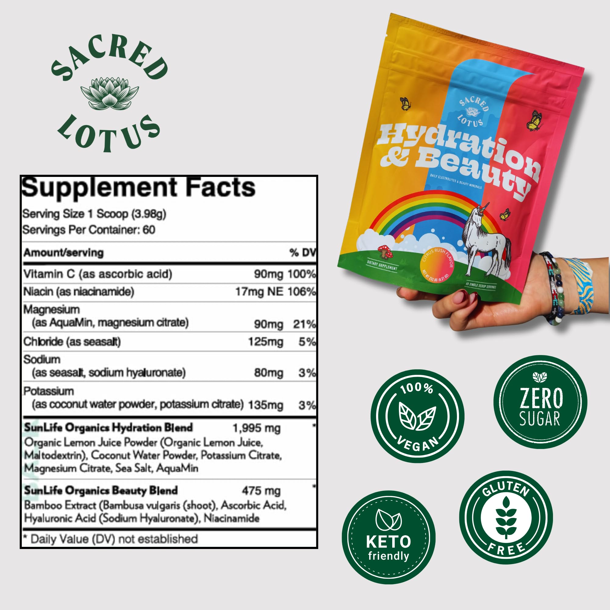 Sacred Lotus Hydration & Beauty Powder - Citrus Rush - Electrolyte Drink Mix | Daily Vitamins and Minerals - Magnesium, Vitamin C, and Niacin | Non-GMO | 60 Servings