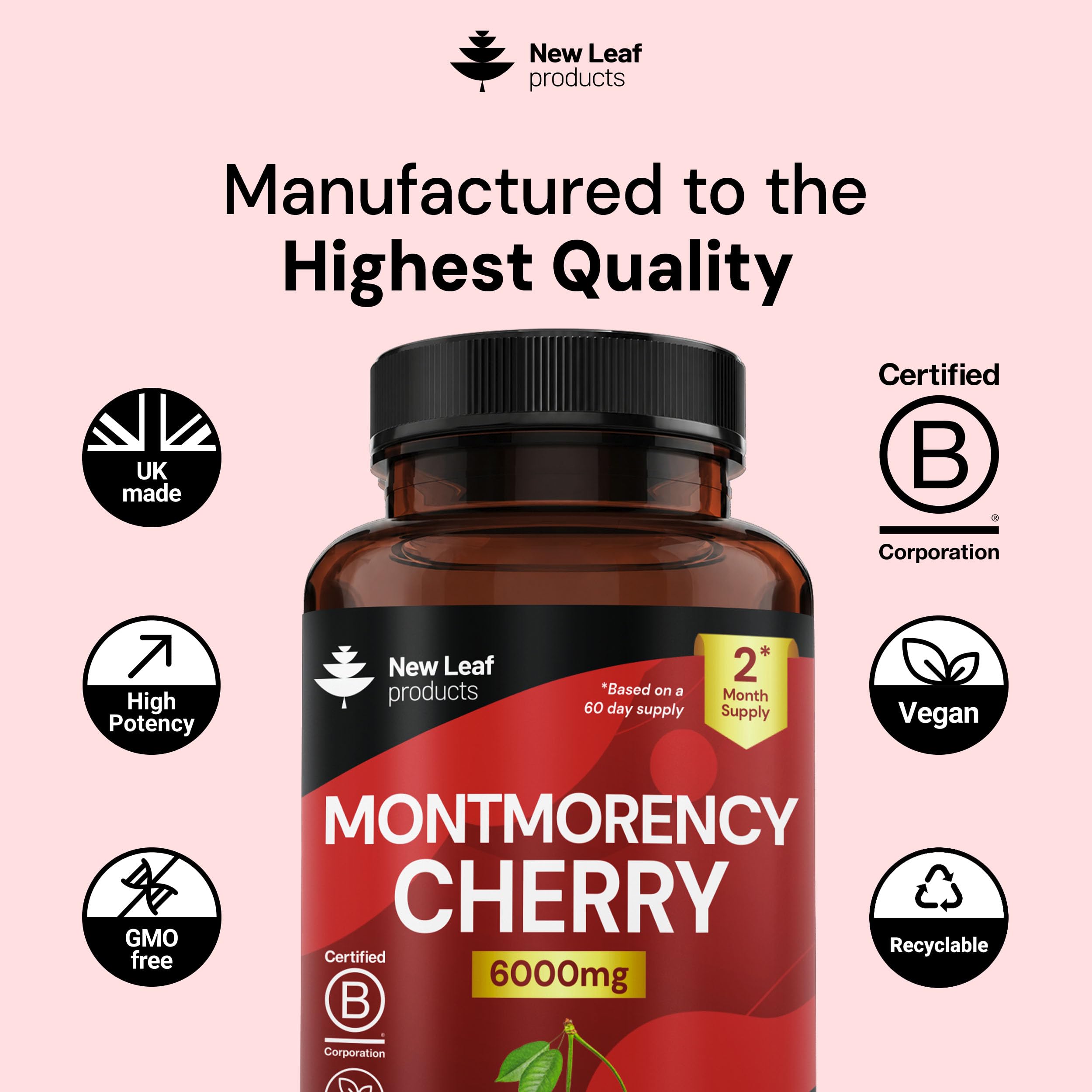 Montmorency Cherry 6000mg - 120 Capsules High Strength Concentrate - Natural Tart Cherry Vegan Supplements (not Tablets or Powder) - Non-GMO, 2 Months Supply - (2 per Serving) Made in the UK