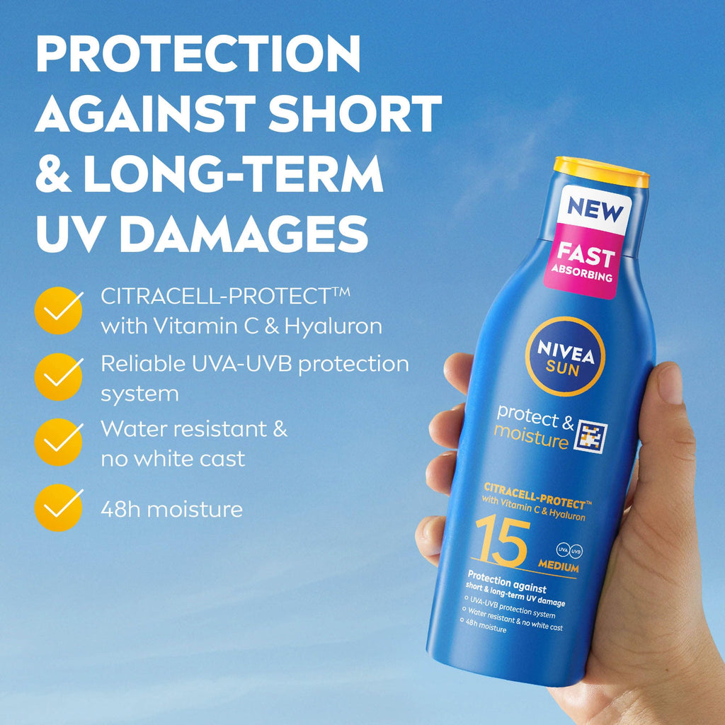 NIVEA SUN Protect & Moisture Sun Lotion SPF 15 (200 ml), Suncream with Vitamin C and Hyaluron, Provides 48H Moisture and Immediate UVA/UVB Protection, Fast-Absorbing, No White Cast Formula