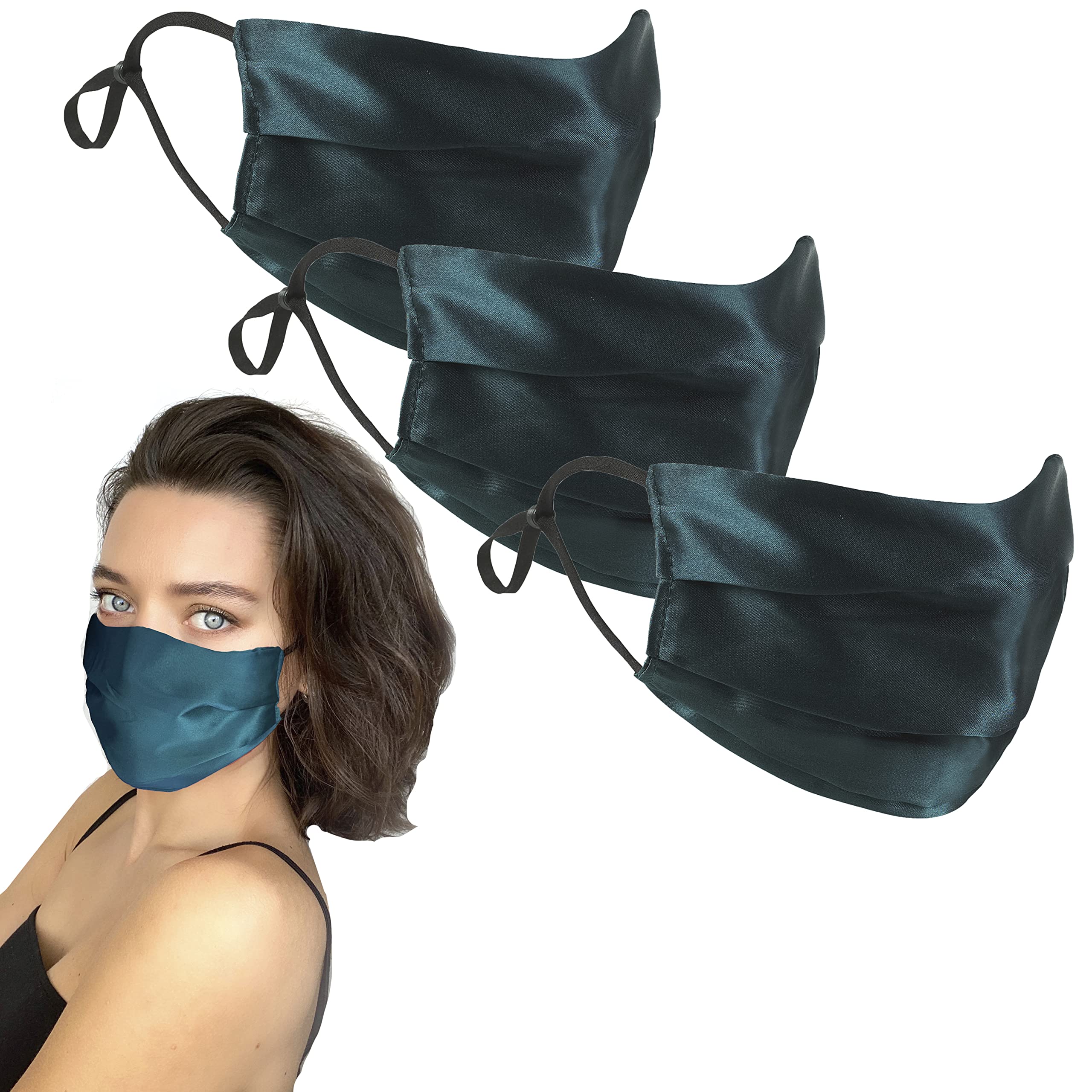 GOLDEN HOUR Silk Satin Mask | Sensitive Skin, Hypoallergenic | Adjustable Silk Mask | Washable UK (Single, Teal)