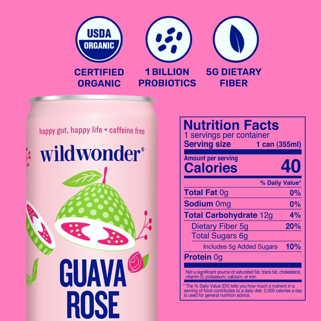 wildwonder Sparkling Probiotic Drink 12pk, for Gut Health & Immune Support, Guava Rose, 5 G Prebiotic Fiber, Live Probiotics, Organic, Vegan, Low Sugar, 12 Pack, 12 Oz Can, As Seen on Shark Tank