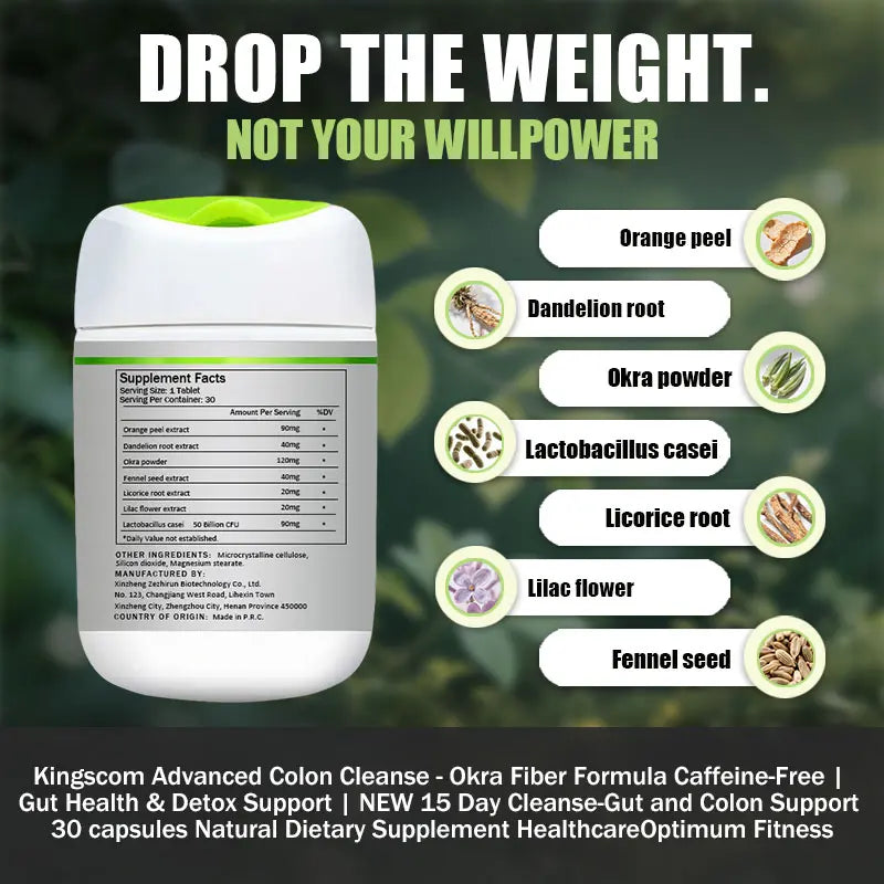 Kingscom Advanced Colon Cleanse - Gut Health & Detox Support |Gut and Colon | with Okra Fiber Formula & 60 Billion Probiotic- Support Bloating, Digestion & Immune Support for Men & Women 30 Capsules Healthcare Optimum Fitness