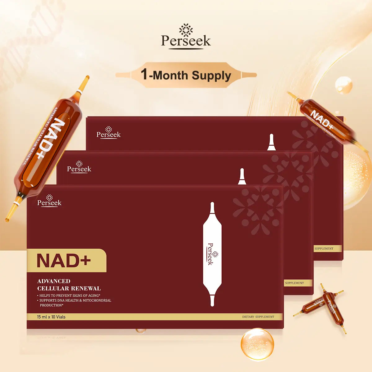 Perseek NAD Edible Antioxidant Dietary Supplement for Anti-Aging - 1200Mg Advanced Cellular Renewal, Enhances Skin, Energy & Focus - 10 Vials, Supports Health & Wellness