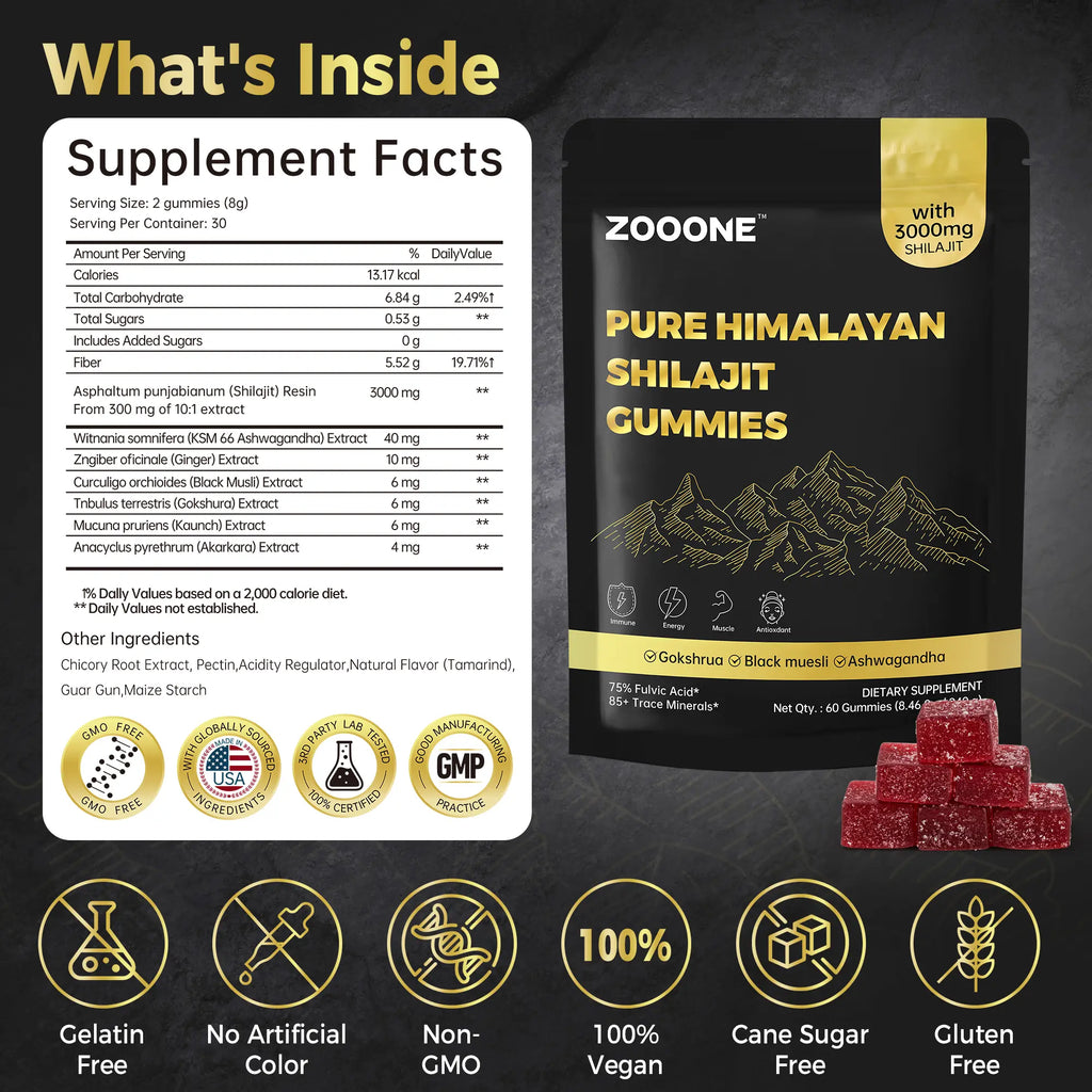ZOOONE 60 Gummies Pure Himalayan Shilajit Gummies Gold I Lab Tested I No Added Sugar I Ashwagandha, Gokshura| Fulvic Acid & 85+ Trace Minerals I for Men, Women I Non-Gmo I 100% Natural & Organic I