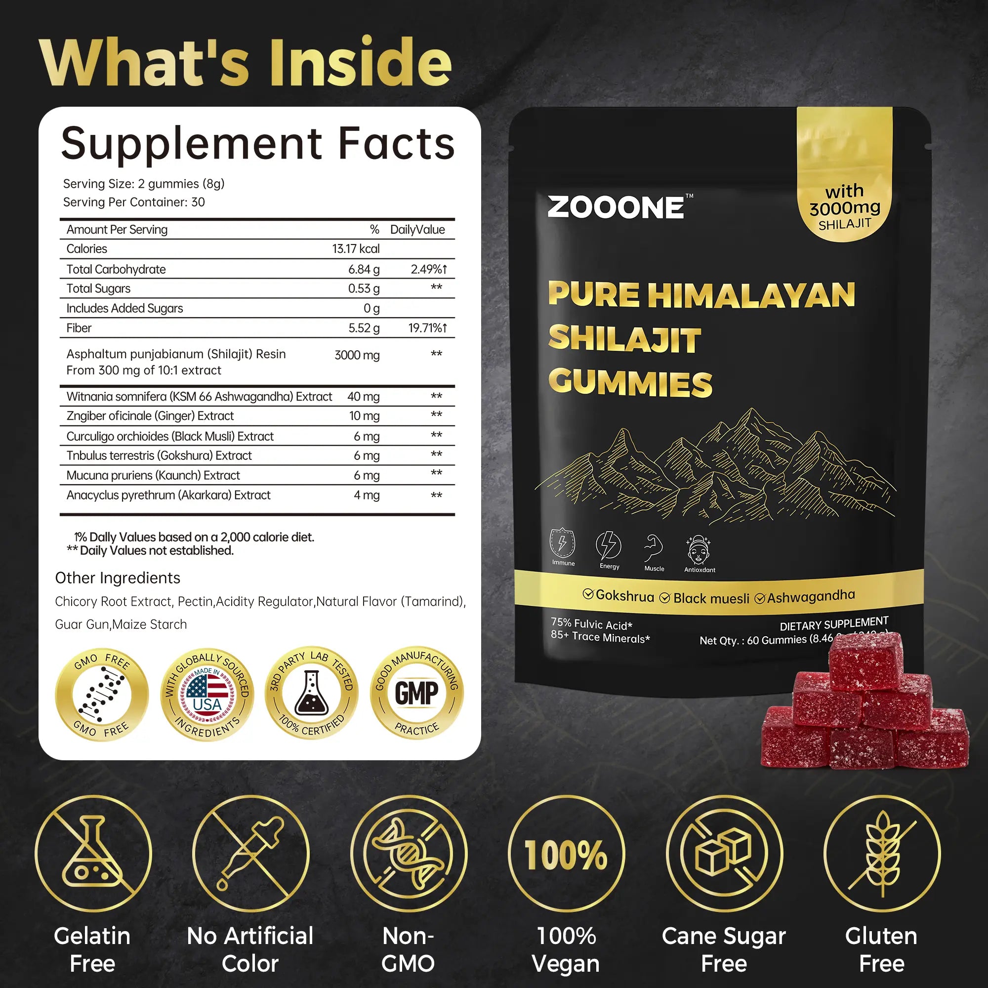 ZOOONE 60 Gummies Pure Himalayan Shilajit Gummies Gold I Lab Tested I No Added Sugar I Ashwagandha, Gokshura| Fulvic Acid & 85+ Trace Minerals I for Men, Women I Non-Gmo I 100% Natural & Organic I