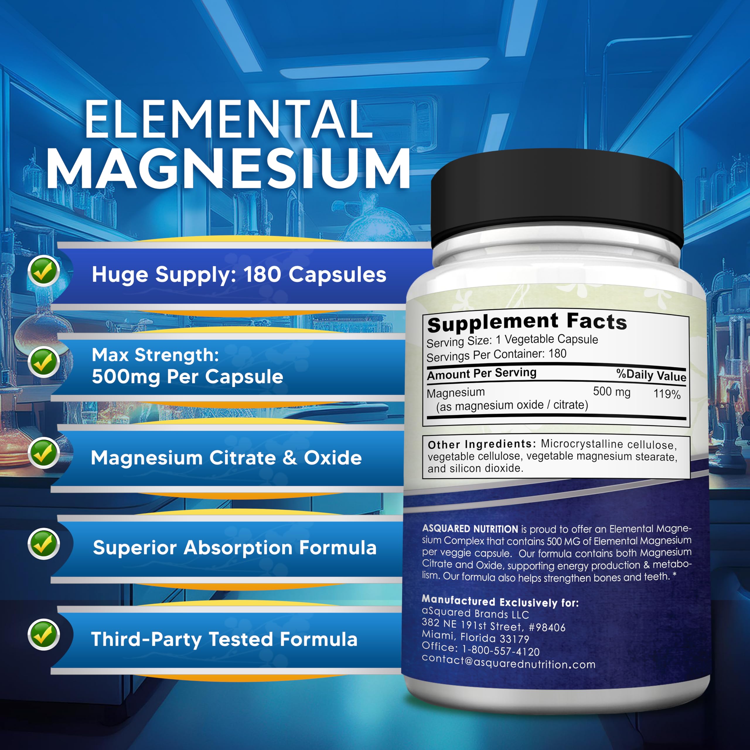 aSquared Nutrition Proprietary Magnesium 500mg – High Absorption Magnesium Citrate & Oxide – 180 Veggie Capsules, 180 Day Supply – USA Formulated & Third-Party Tested
