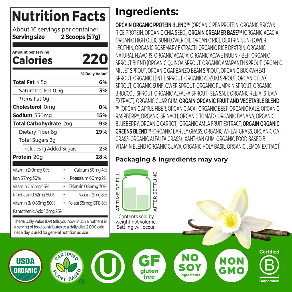 Orgain Organic Vegan Meal Replacement Protein Powder, Vanilla Bean - 20g Plant Based Protein, Gluten Free, Dairy Free, Lactose Free, Soy Free, No Sugar Added, For Smoothies & Shakes - 2.03lb
