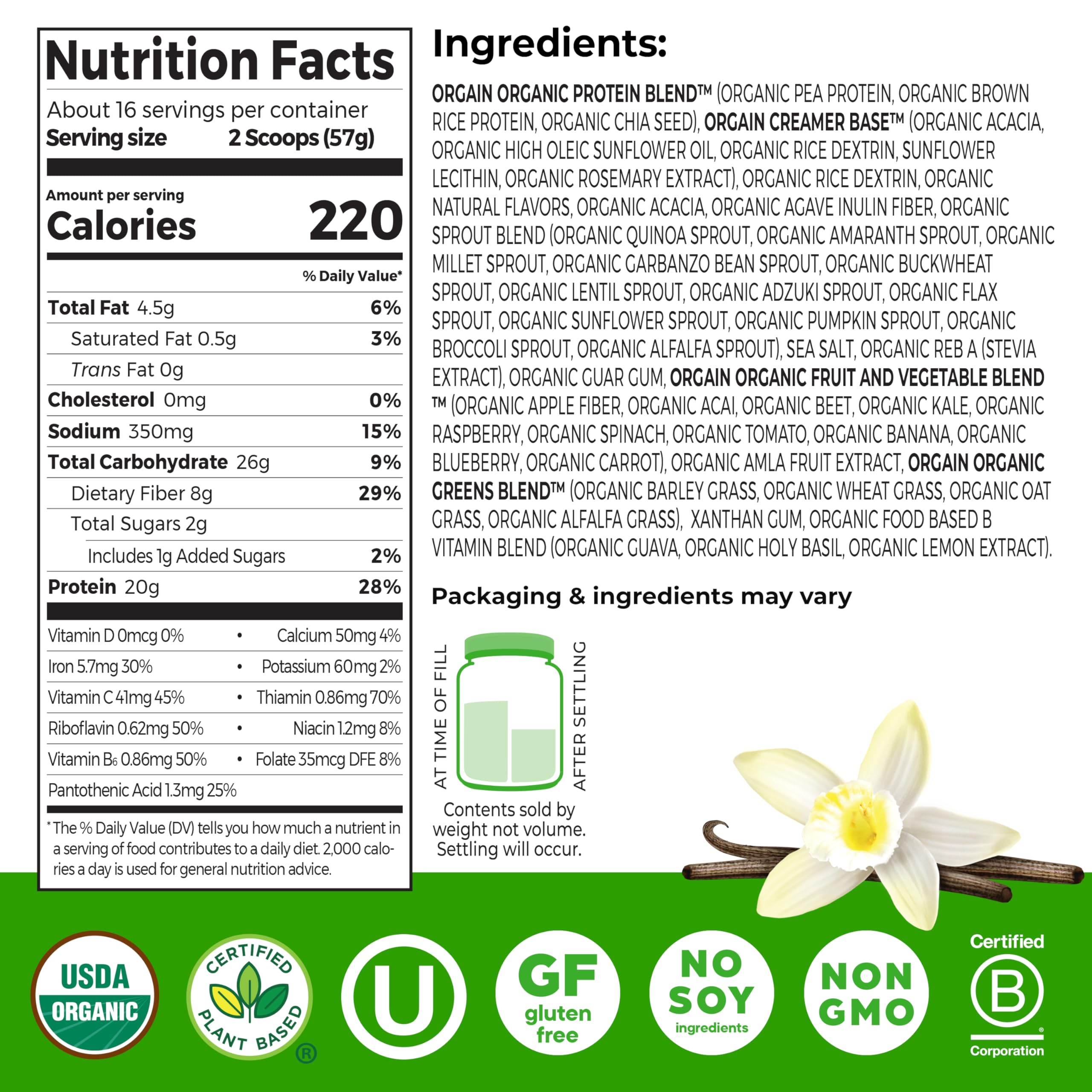 Orgain Organic Vegan Meal Replacement Protein Powder, Vanilla Bean - 20g Plant Based Protein, Gluten Free, Dairy Free, Lactose Free, Soy Free, No Sugar Added, For Smoothies & Shakes - 2.03lb