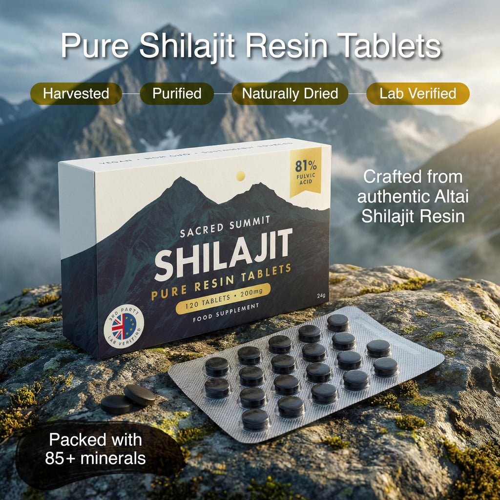 Sacred Summit Pure Altai Shilajit Tablets 200mg – Gold Grade, High Fulvic Acid, 85+ Trace Minerals, Natural Energy & Vitality Support – UK Made, Vegan, 120 Tablets