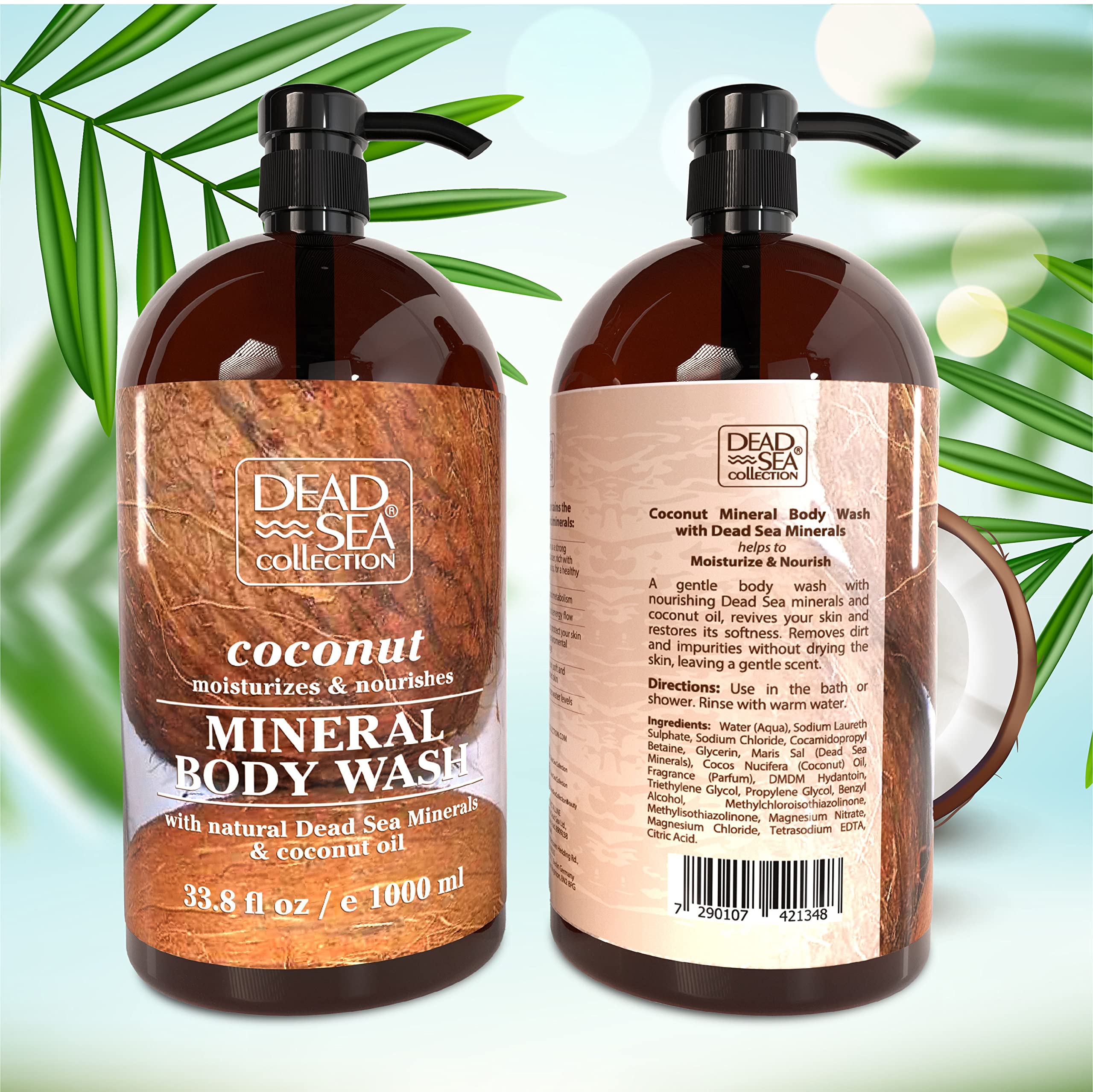 Dead Sea Collection Coconut Body Wash for Women and Men - with Pure Dead Sea Minerals and Coconut Oil - Cleanses and Moisturizes Skin - Pack of 2 (67.6 fl. oz)