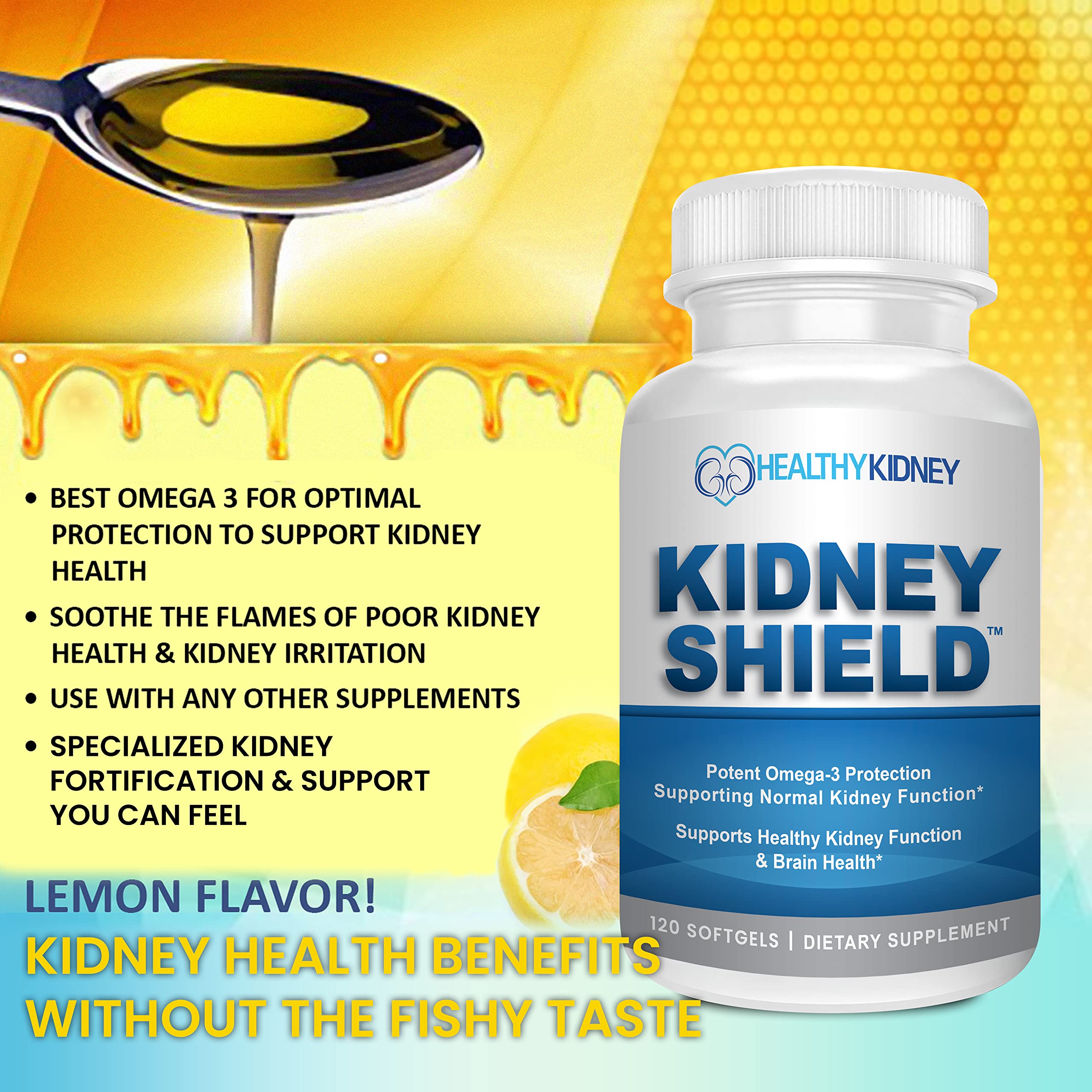 Kidney Shield Omega 3 Fish Oil Supplements - DHA EPA Omega 3 Supplement for Women & Men Kidney Health - Omega3 to Support Normal Kidneys Function & Cleanse, Detox & Repair - 120 Lemon Softgels