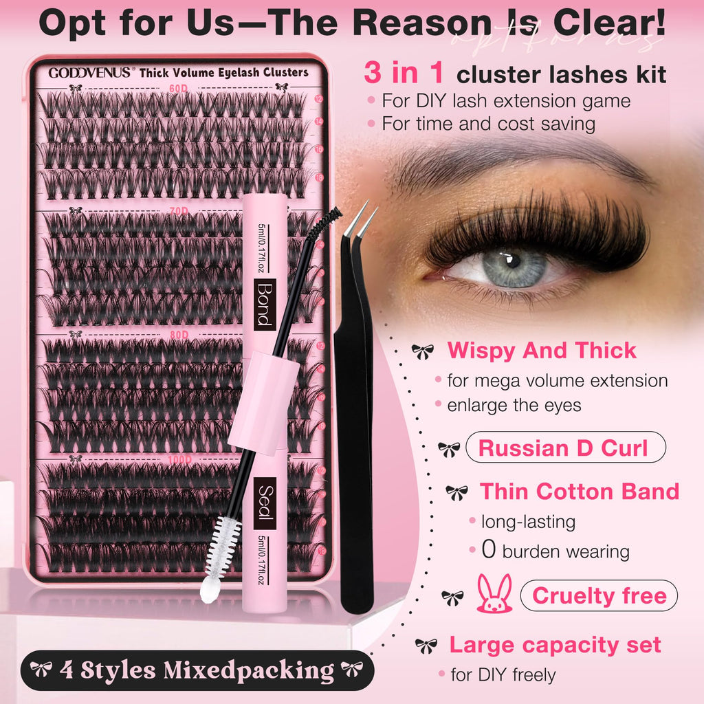Goddvenus Eyelash Clusters Kit 60+70+80+100D Individual Lashes 320Pcs 12-18mm Lash Extension Kit Wispy Eyelash Extension Kit Fluffy Volume Waterproof Cluster Eyelash Extensions Kit