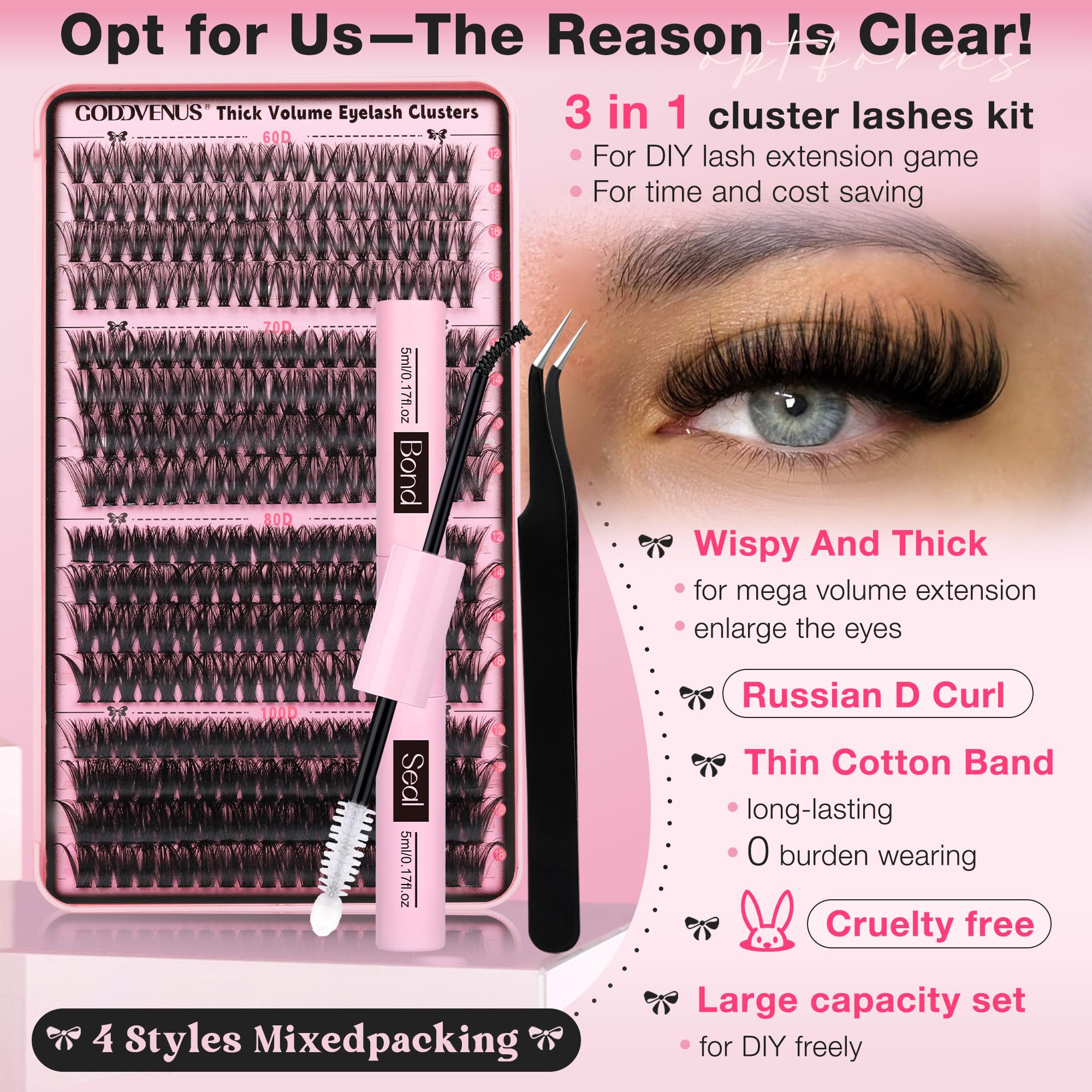 Goddvenus Eyelash Clusters Kit 60+70+80+100D Individual Lashes 320Pcs 12-18mm Lash Extension Kit Wispy Eyelash Extension Kit Fluffy Volume Waterproof Cluster Eyelash Extensions Kit