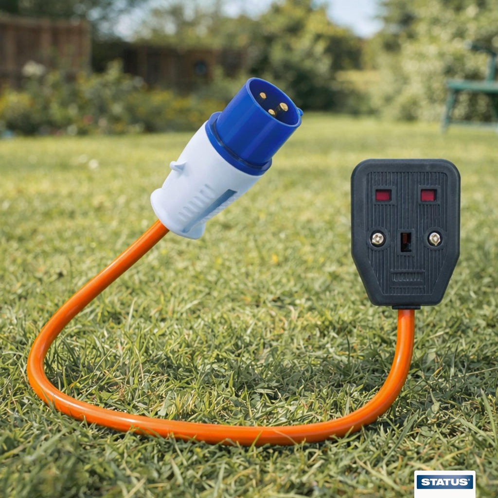 Status 16A Site Plug to 1 Way UK Socket, 20cm Adaptor Cable Perfect for Camping Caravan, Motorhome, Campervan, IP44, Weatherproof, 16APTUK1SCK1PK10