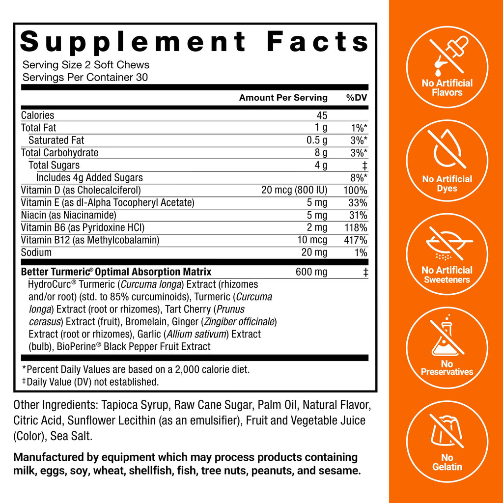 Force Factor Better Turmeric Joint Support Supplement for Extra Strength Joint Health, Featuring HydroCurc Turmeric Curcumin with Black Pepper for Superior Absorption, Fruit Splash, 120 Soft Chews