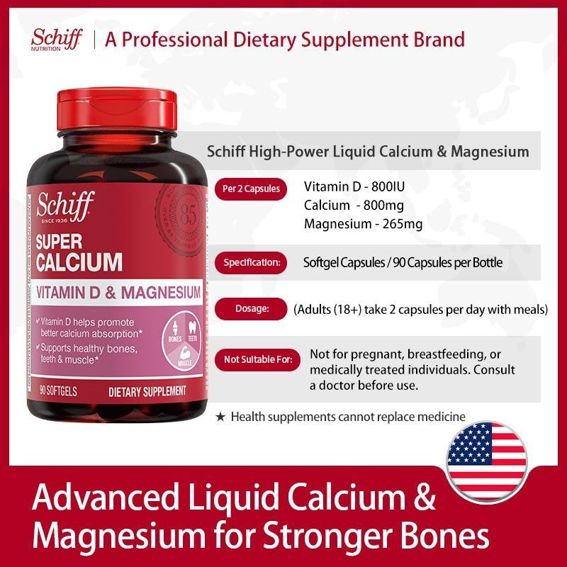 Schiff Super Calcium 800Mg plus Magnesium with Vitamin D3, 90 Softgels - Ca