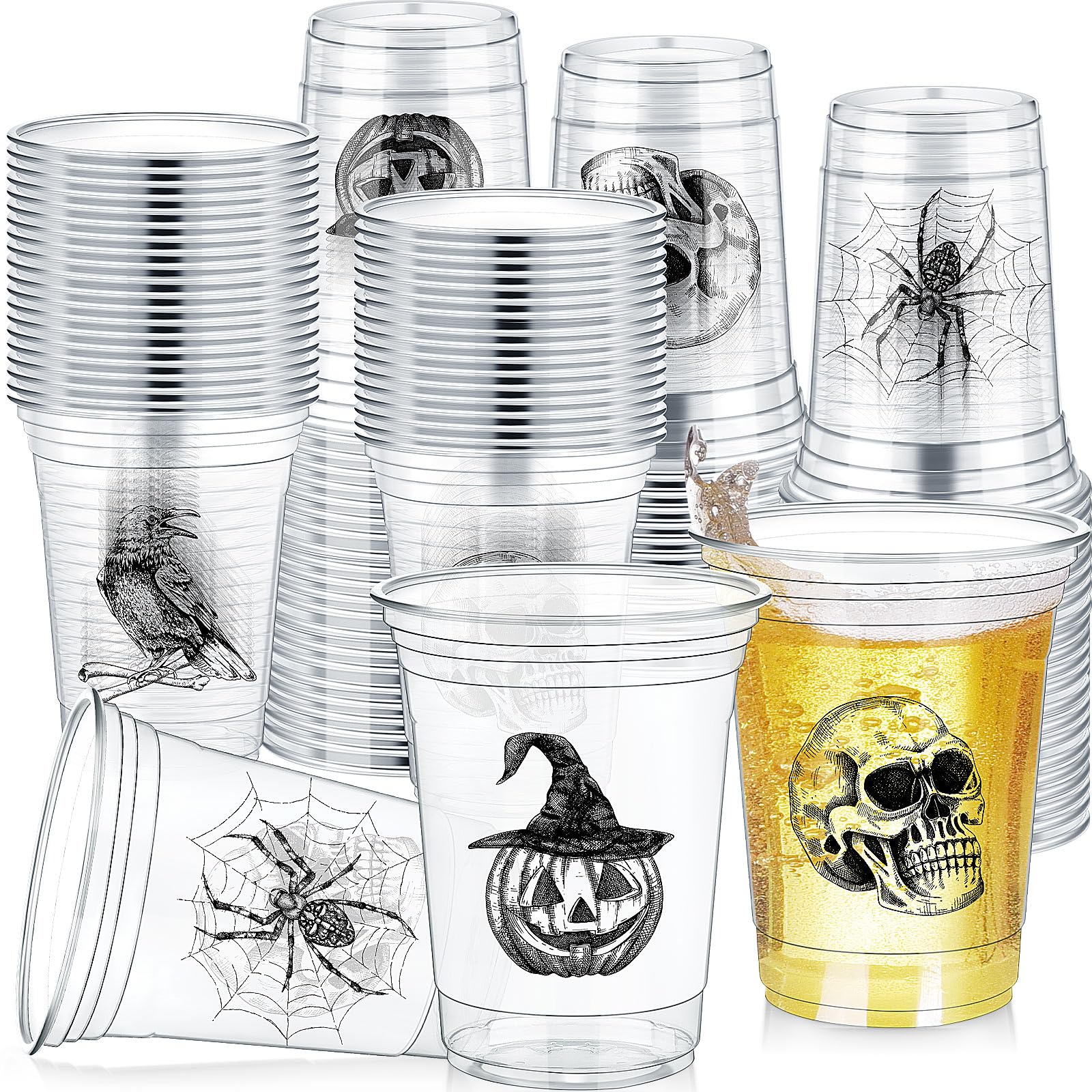 Teenyyou 100 pcs 16 oz Halloween Plastic Cups Disposable Halloween Clear Skull Pumpkin Spider Party Cups for Cold Drinks Candies Fruits and Party Supplies Decorations (Skull)
