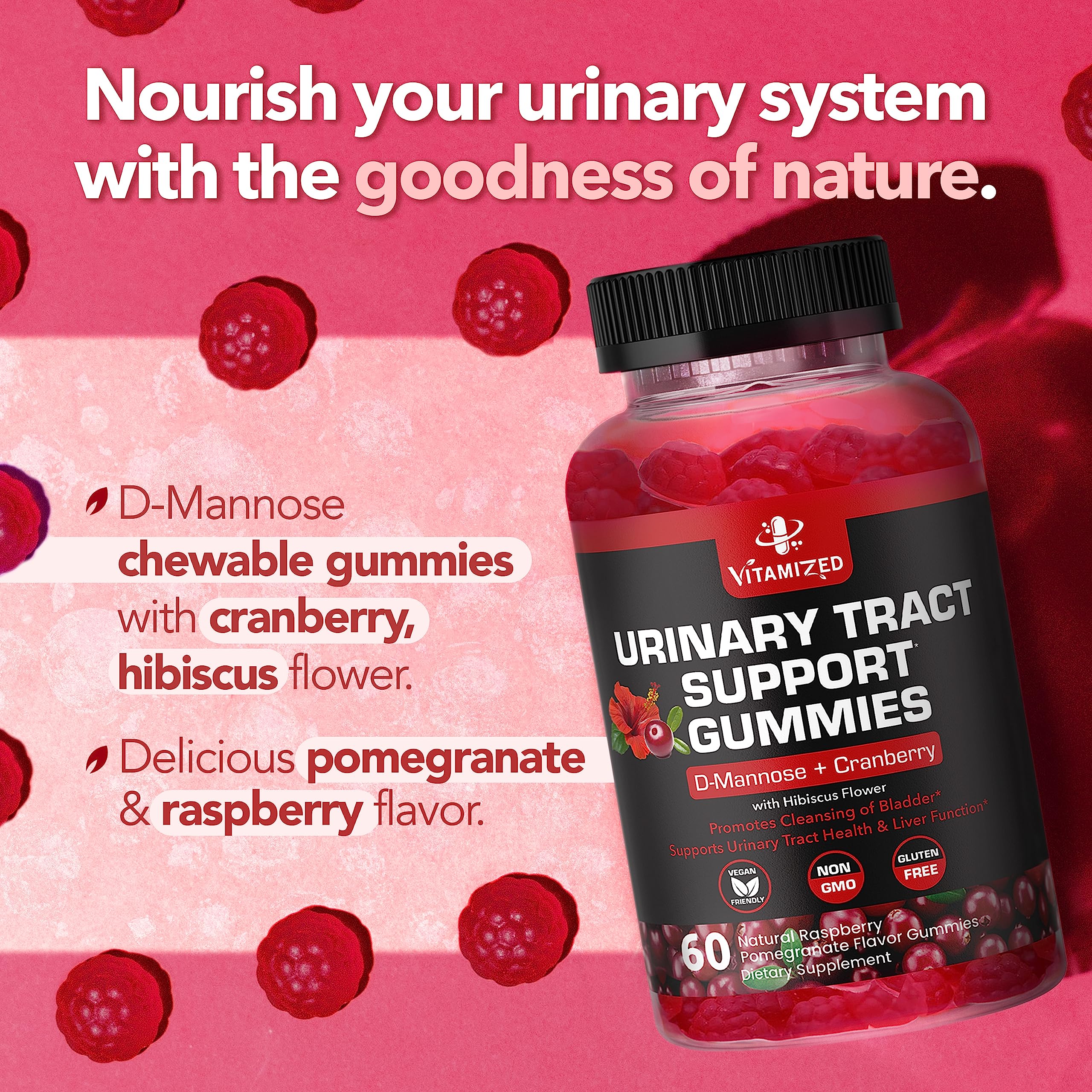 Cranberry Gummies with D-Mannose, Urinary Flush w Hibiscus Powder, 60 Count