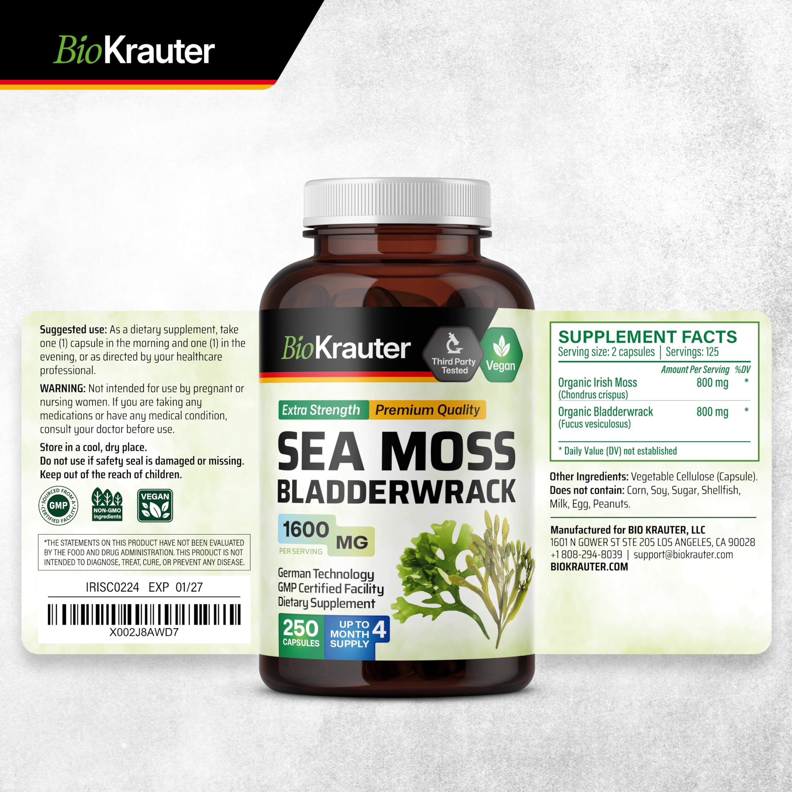 BIO KRAUTER® 2-in-1 Sea Moss for Overall Support - Vegan Bladderwrack & Sea Moss Capsules for Women & Men - Natural Сhondrus Сrispus Seaweed Supplement 1600 mg - 125 Days of Supply, Non-GMO