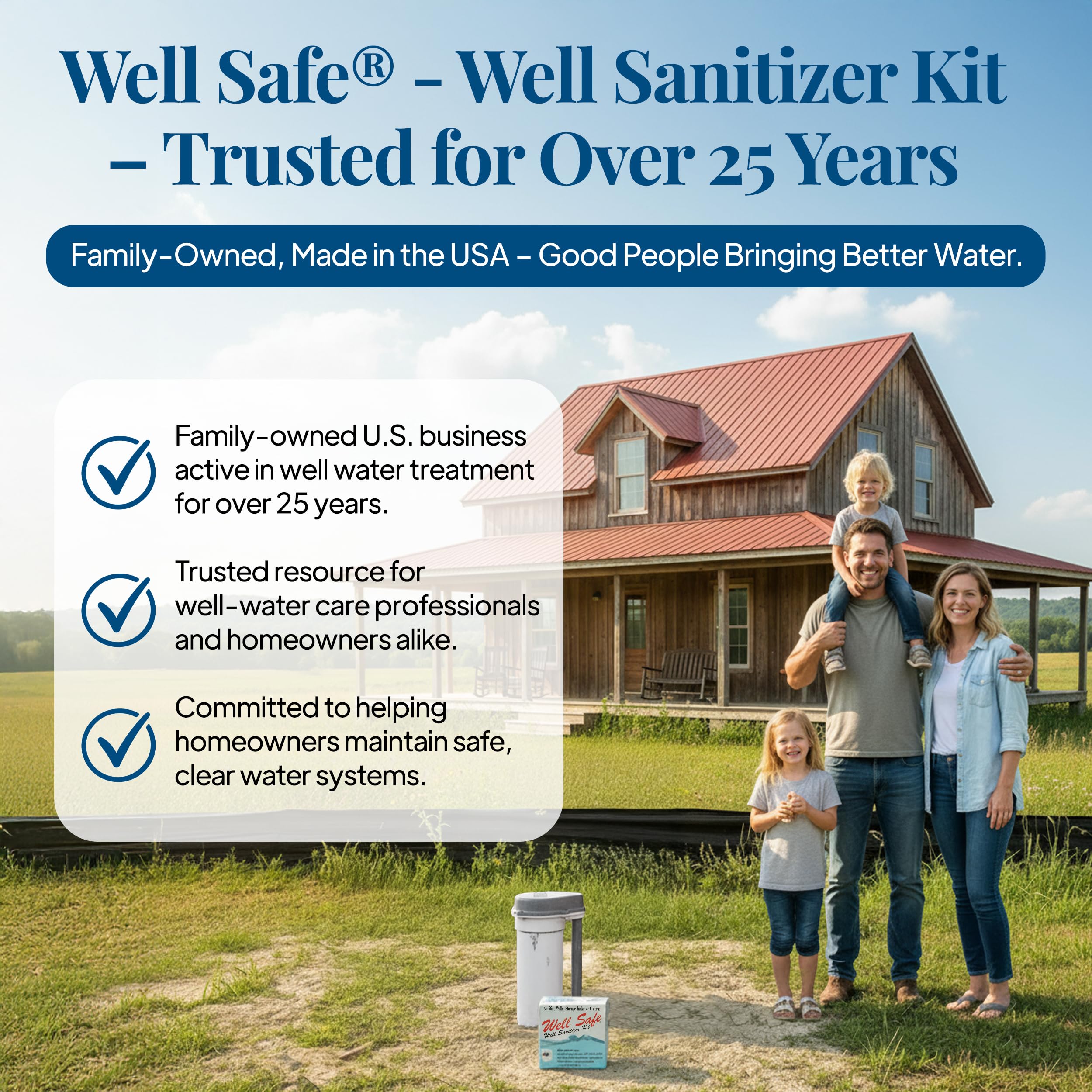 WELL SAFE Well Sanitizer Kit - Water Purification for Wells, Storage Tanks & Cisterns - Improves Well Water Smell and Taste - Easy to Use - USDA Food Grade Sanitizer and Well Water Treatment