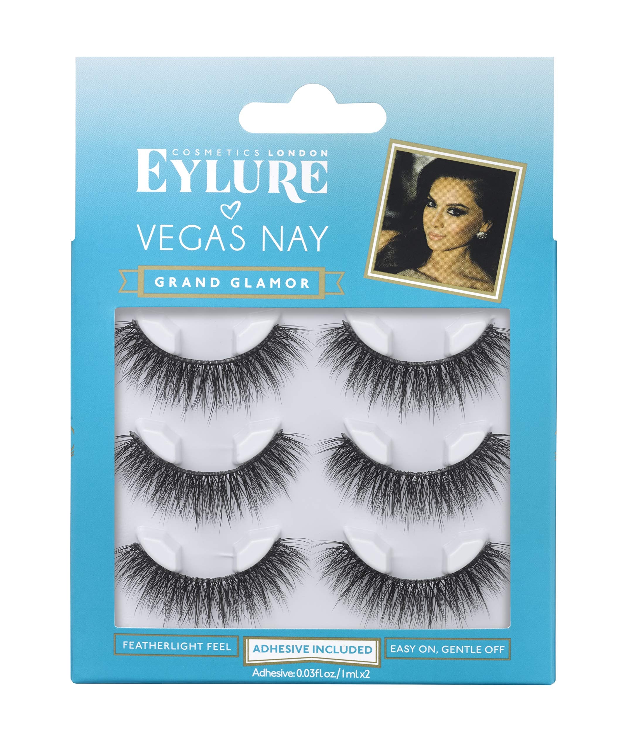 Eylure Vegas Nay Golden Goddess False Eyelashes, Reusable, Adhesive Included, 1 Pair, Cruelty Free