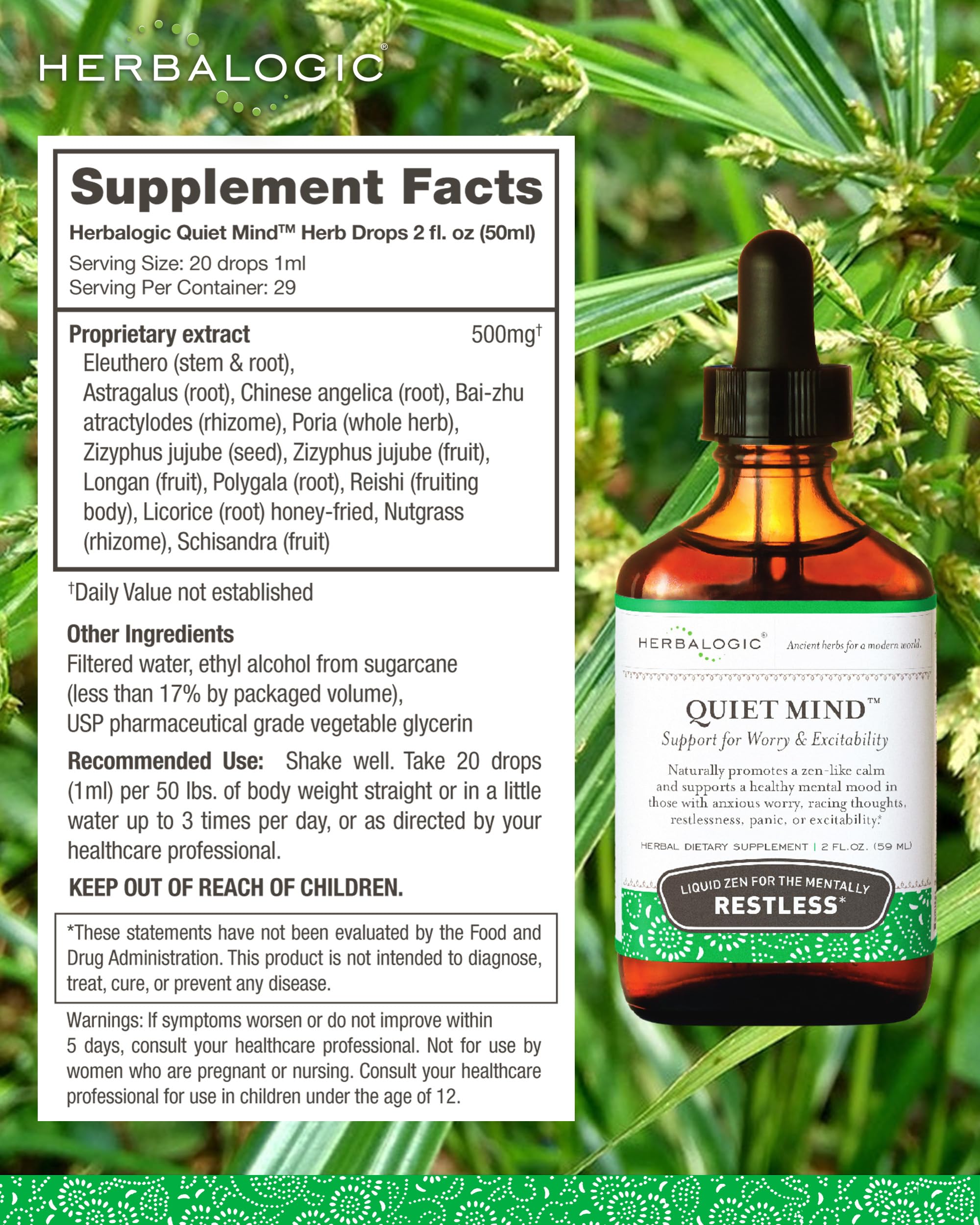 Herbalogic - Quiet Mind Liquid Herb Drops - Non-Sedating, Promotes a Feeling of Zen-Like Calm - Eases Worry and Panicky Mood - Based on the Traditional Chinese Formula GUI Pi Tang - 2 Fl. Oz.