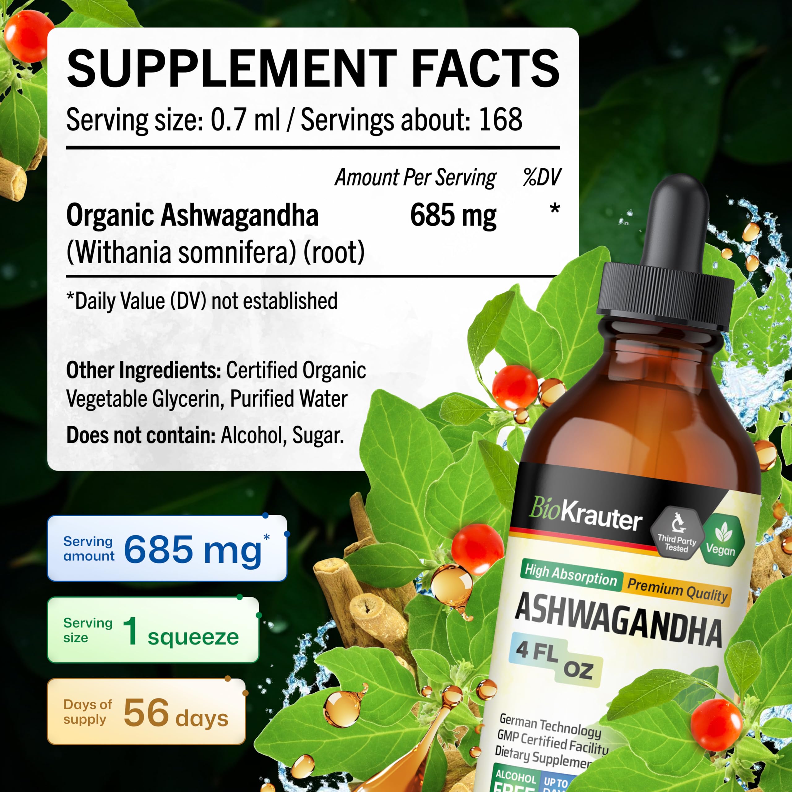 BIO KRAUTER® Ashwagandha Supplements - Liquid Drops Pure Vegan Ashwagandha for Women & Men 685 mg per Serving 4 Fl.Oz 56-Day Supply - Used for Mood Magic & Relaxation Support - Alcohol & Sugar Free