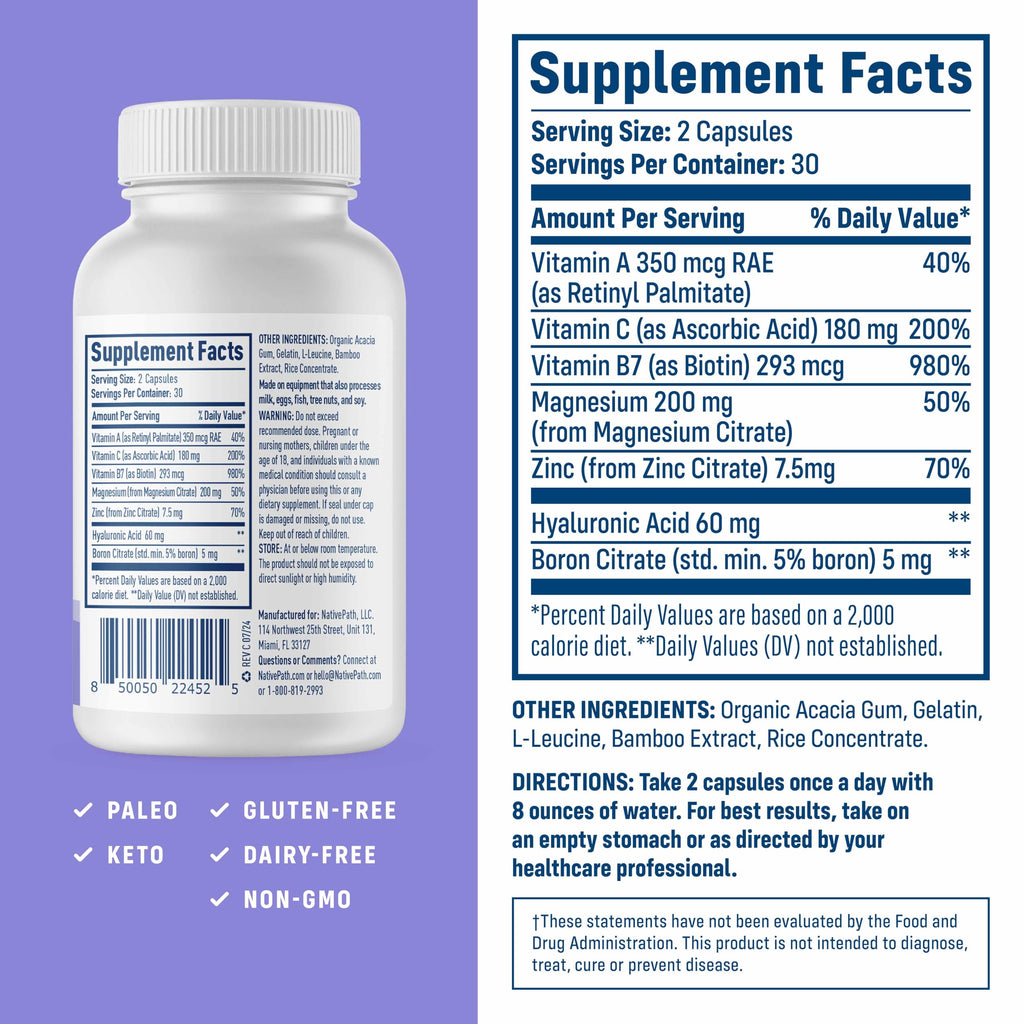 NativePath Collagen Care+, 5 Vitamin Blend with Hyaluronic Acid and Boron that Supports Collagen for Men and Women, 60 Capsules