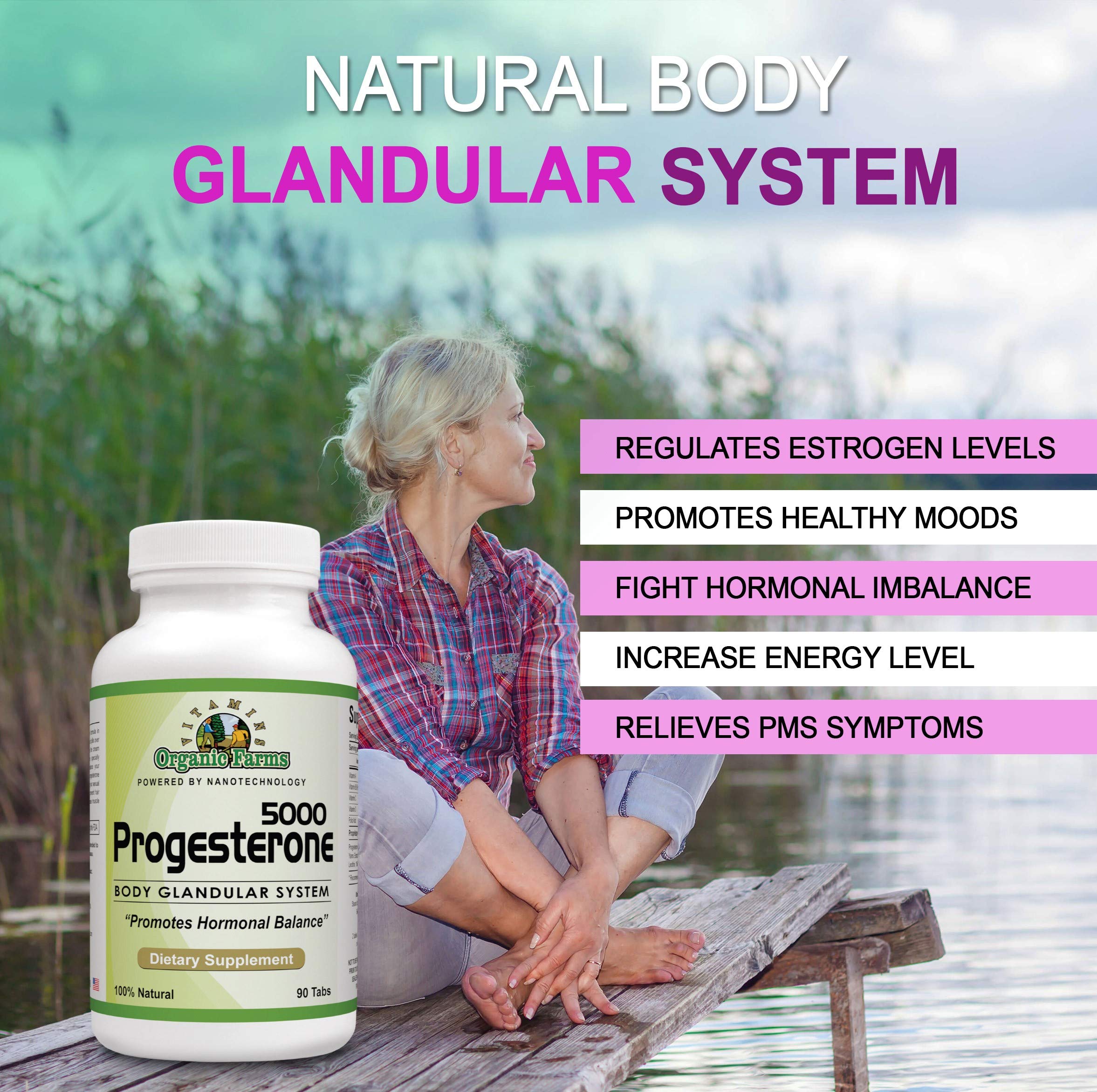 Organic Farm Vitamins Progesterone 5000 - Body glandular System Dietary Supplement, 100% Natural Progesterone Pills - Formula to Balance Hormones - progesterone Supplement, 90 Tablets