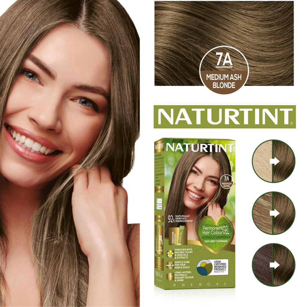 Naturtint Permanent Hair Colour Gel 7A Medium Ash Blonde, Plant Enriched, Biobased, Ammonia Free, Long Lasting Grey Coverage and Radiant Colour, Nourishment and Protection