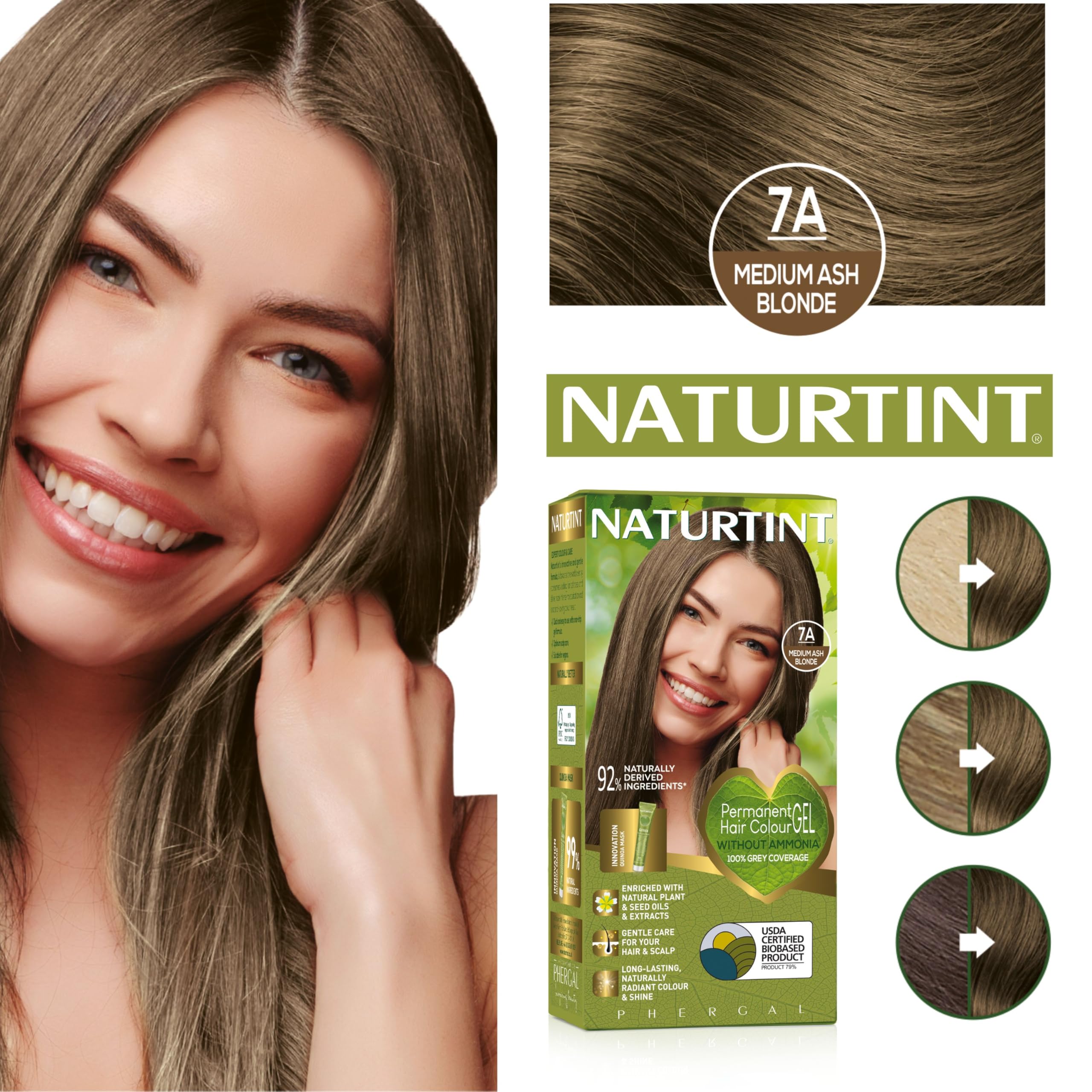 Naturtint Permanent Hair Colour Gel 7A Medium Ash Blonde, Plant Enriched, Biobased, Ammonia Free, Long Lasting Grey Coverage and Radiant Colour, Nourishment and Protection