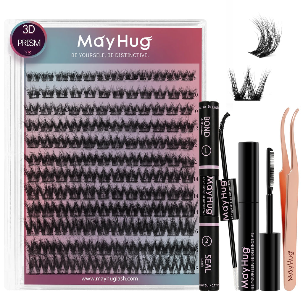 MayHug 3D Wispy Cluster Lashes Kit - Waterproof Lash Clusters 8-18MM C Curl Lashes - 144Pcs Individual Eyelashes Kit with Remover, Bond and Seal (Prism, 4 In 1)